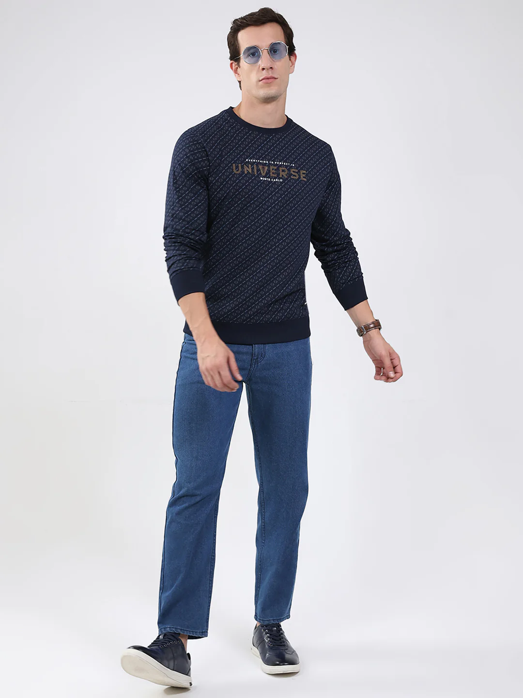 Men Navy Blue Printed Round Neck Full Sleeve Winter T-Shirt - Image 2