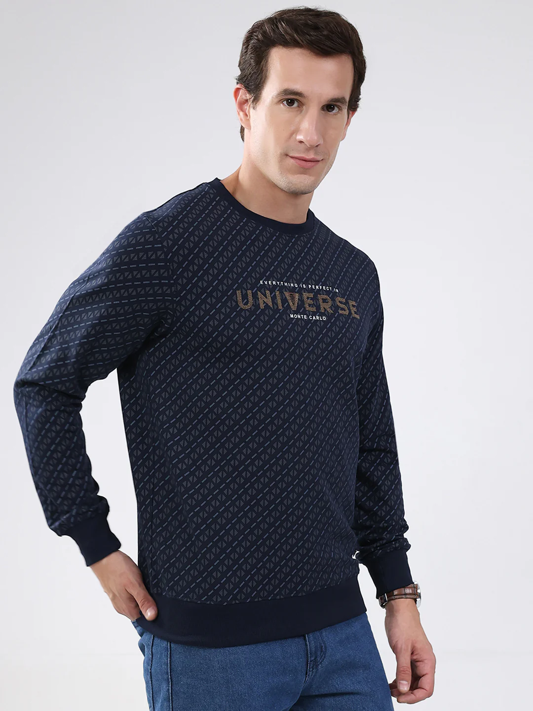 Men Navy Blue Printed Round Neck Full Sleeve Winter T-Shirt - Image 4