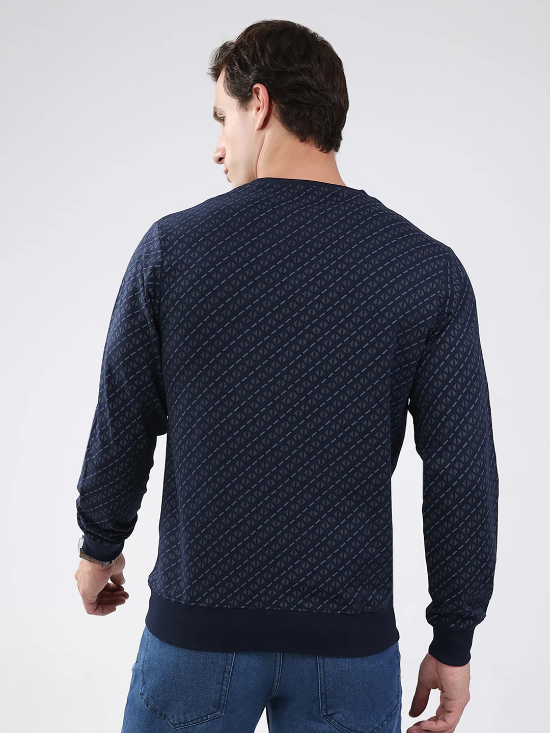 Men Navy Blue Printed Round Neck Full Sleeve Winter T-Shirt - Image 5