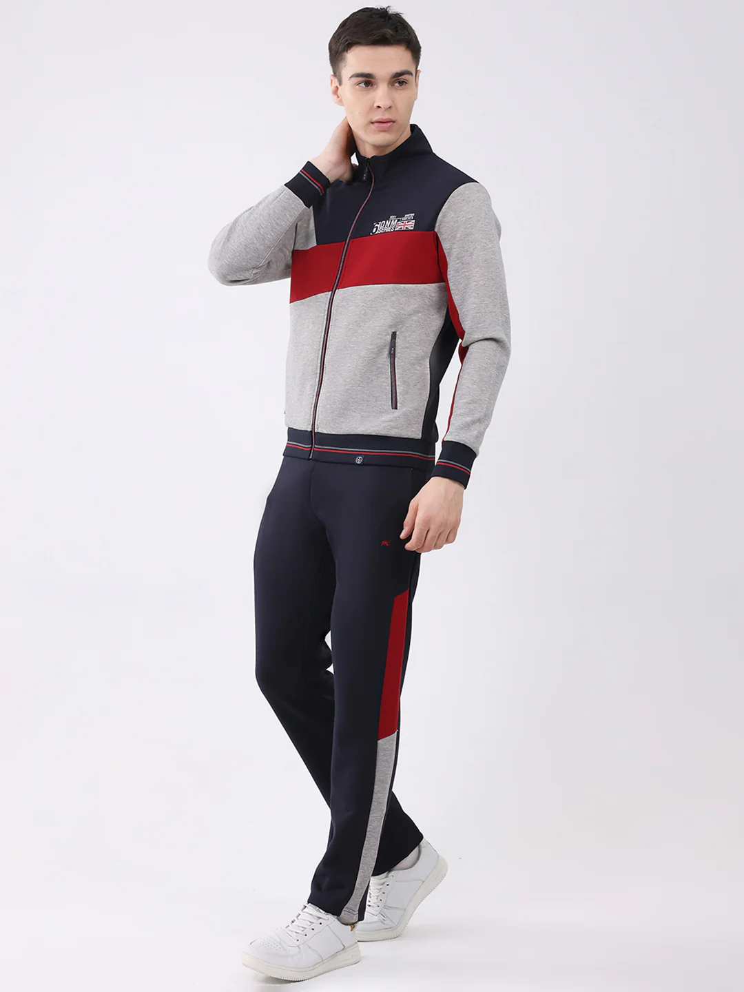 Men Navy Blue Printed Round Neck Full Sleeve Winter Tracksuit - Image 3