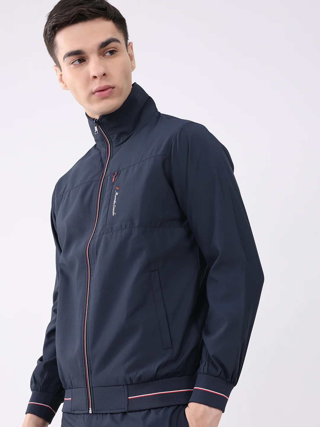 Men Navy Blue Printed Round Neck Full Sleeve Winter Tracksuit - Image 6