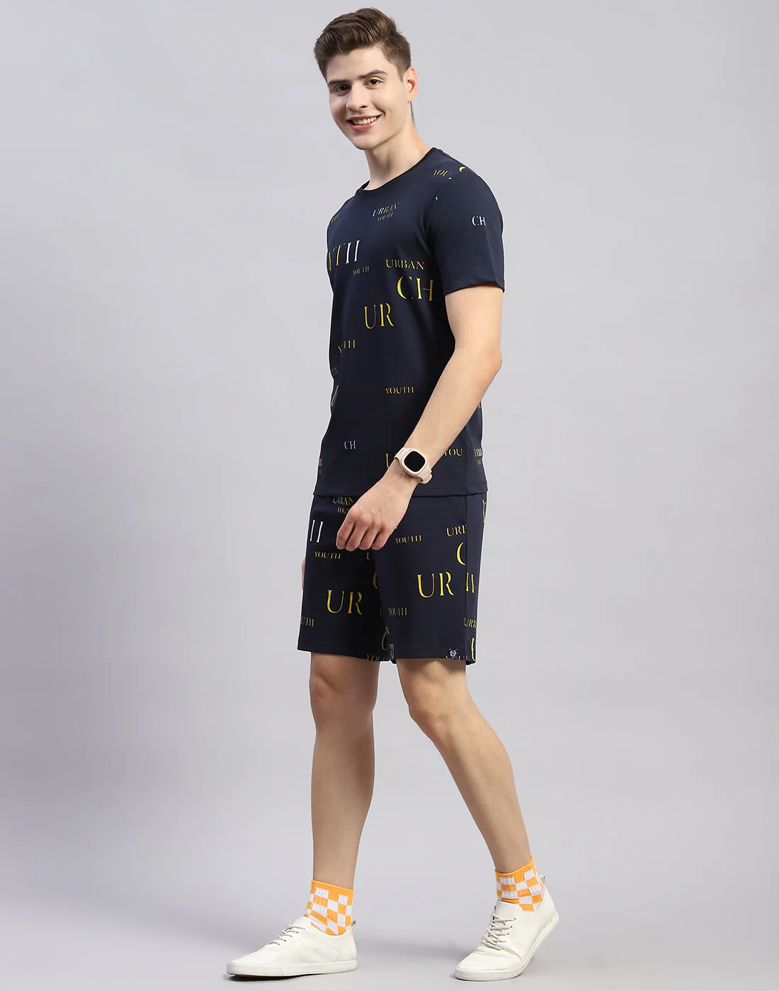 Men Navy Blue Printed Round Neck Half Sleeve Bermuda Set - Image 3