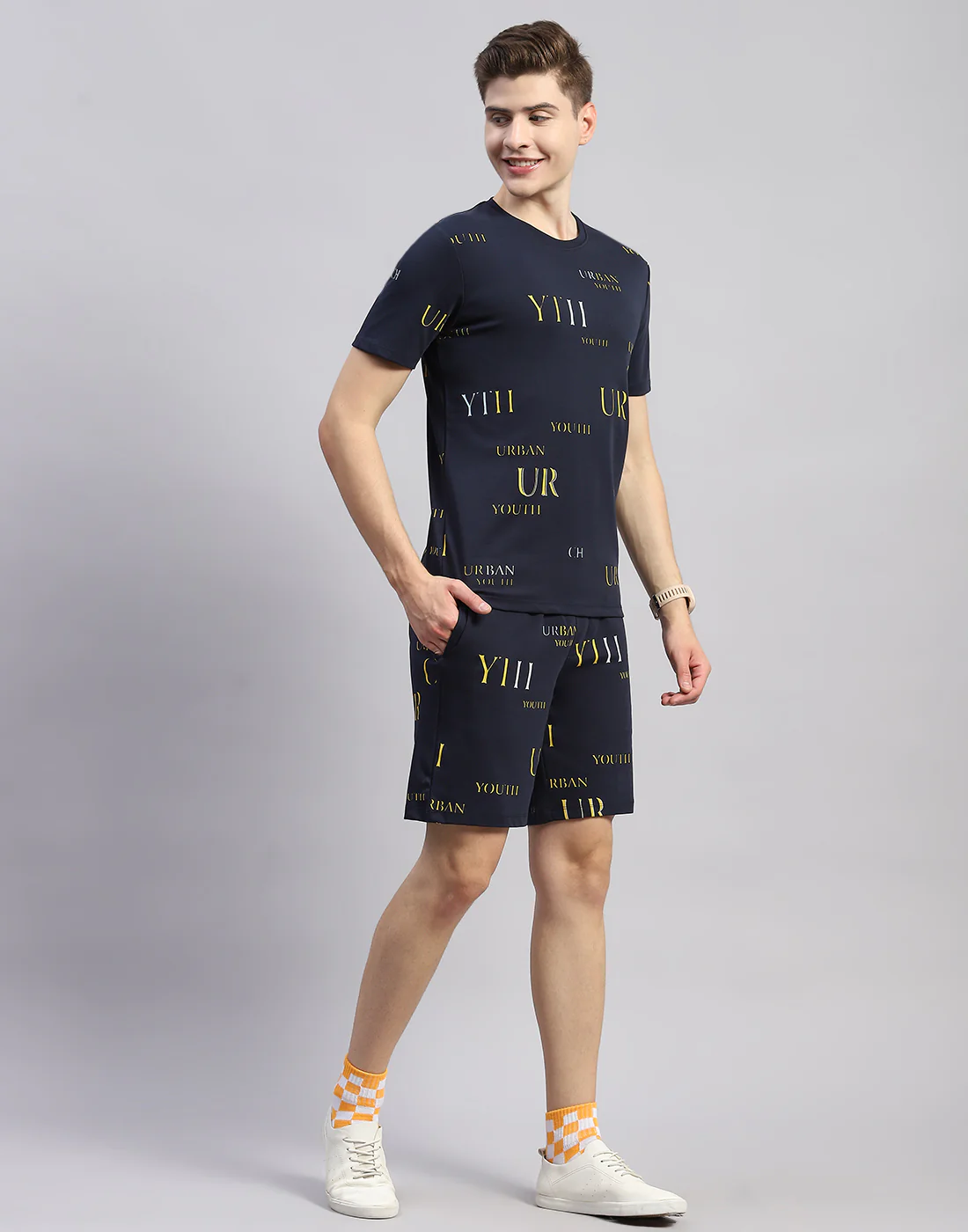 Men Navy Blue Printed Round Neck Half Sleeve Bermuda Set - Image 4