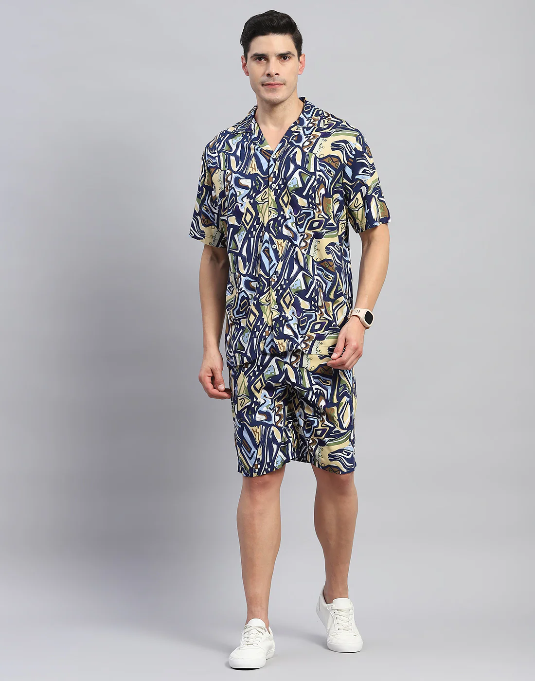 Rock.it Men Navy Blue Printed Round Neck Half Sleeve Cords Set - Image 2