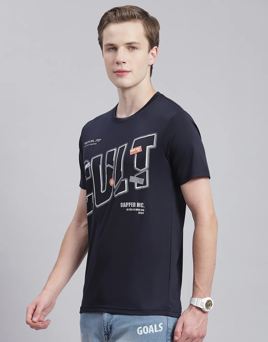 Men Navy Blue Printed Round Neck Half Sleeve T-Shirt - Image 3