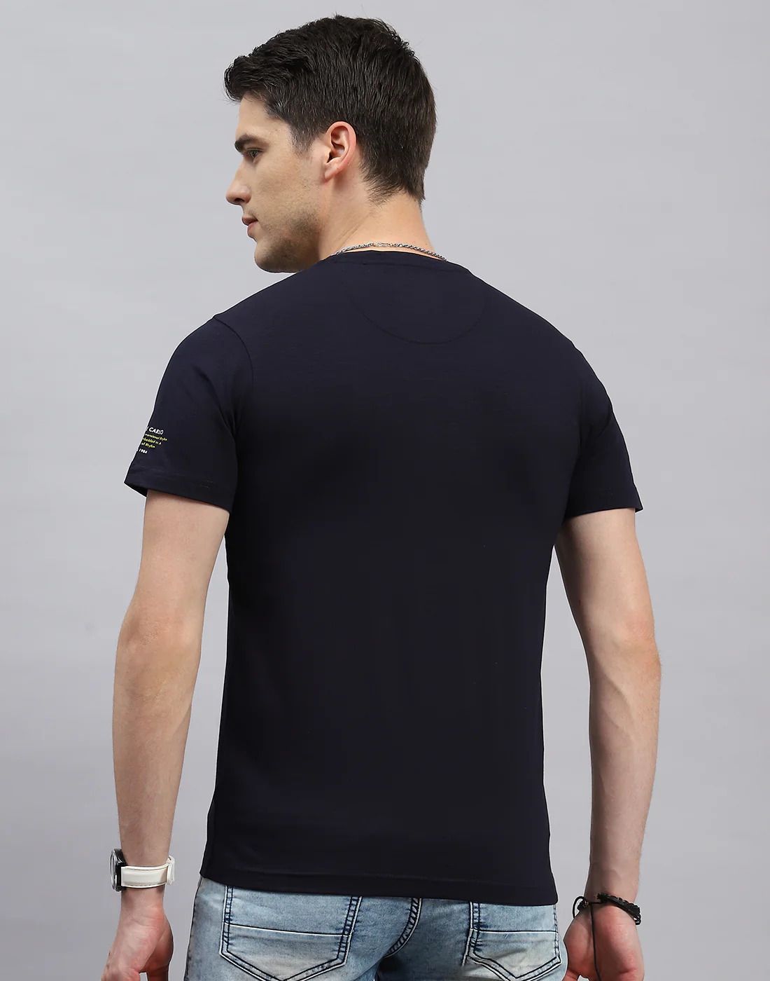Men Navy Blue Printed Round Neck Half Sleeve T-Shirt - Image 5