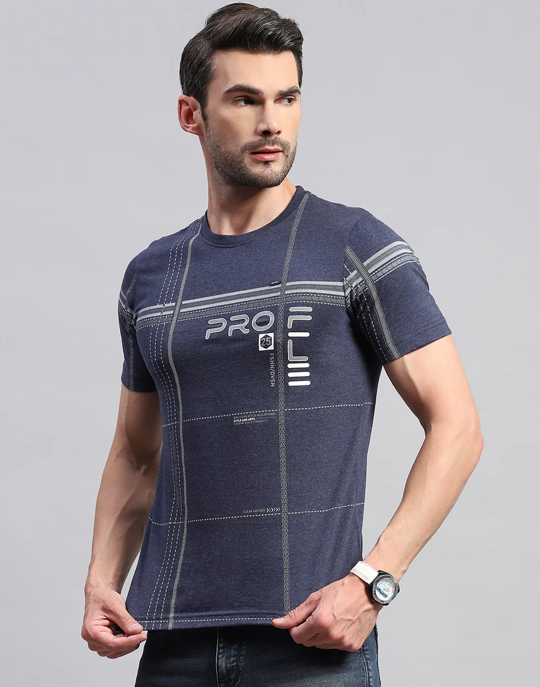Men Navy Blue Printed Round Neck Half Sleeve T-Shirt - Image 3