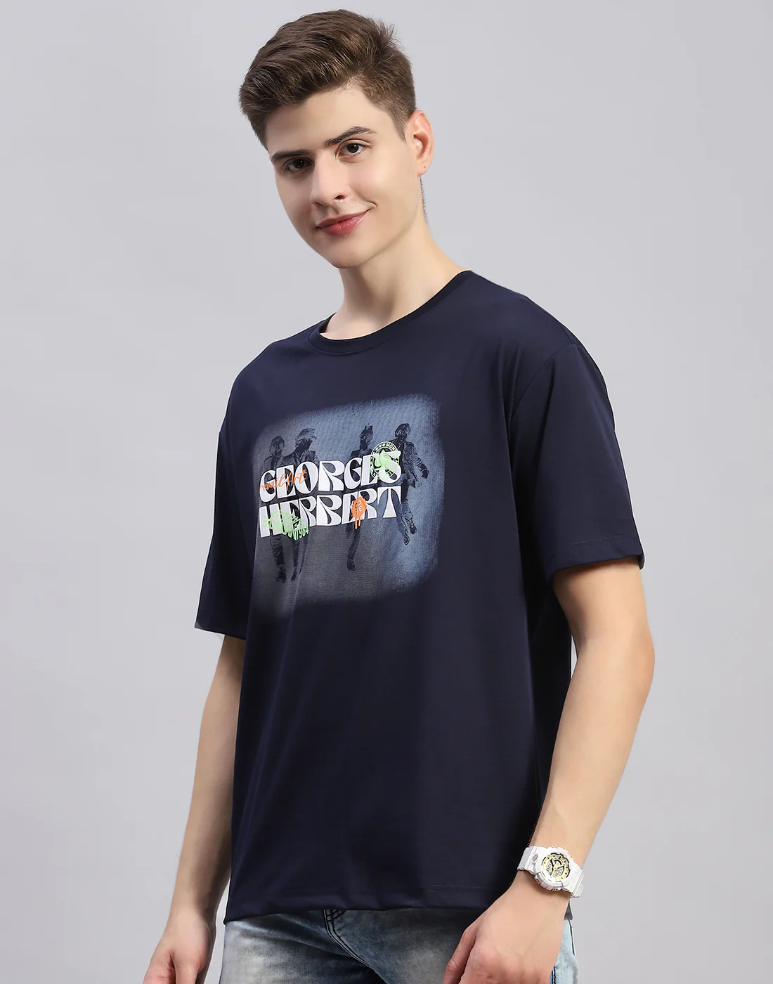 Men Navy Blue Printed Round Neck Half Sleeve T-Shirt - Image 3