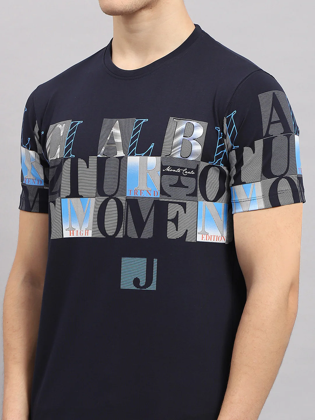 Men Navy Blue Printed Round Neck Half Sleeve T-Shirt - Image 7