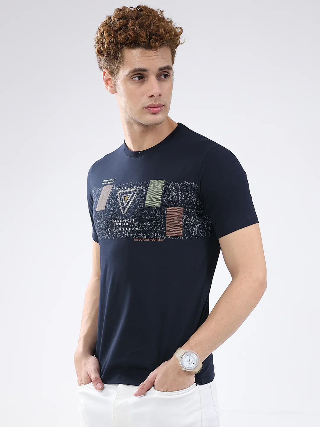 Men Navy Blue Printed Round Neck Half Sleeve T-Shirt - Image 3