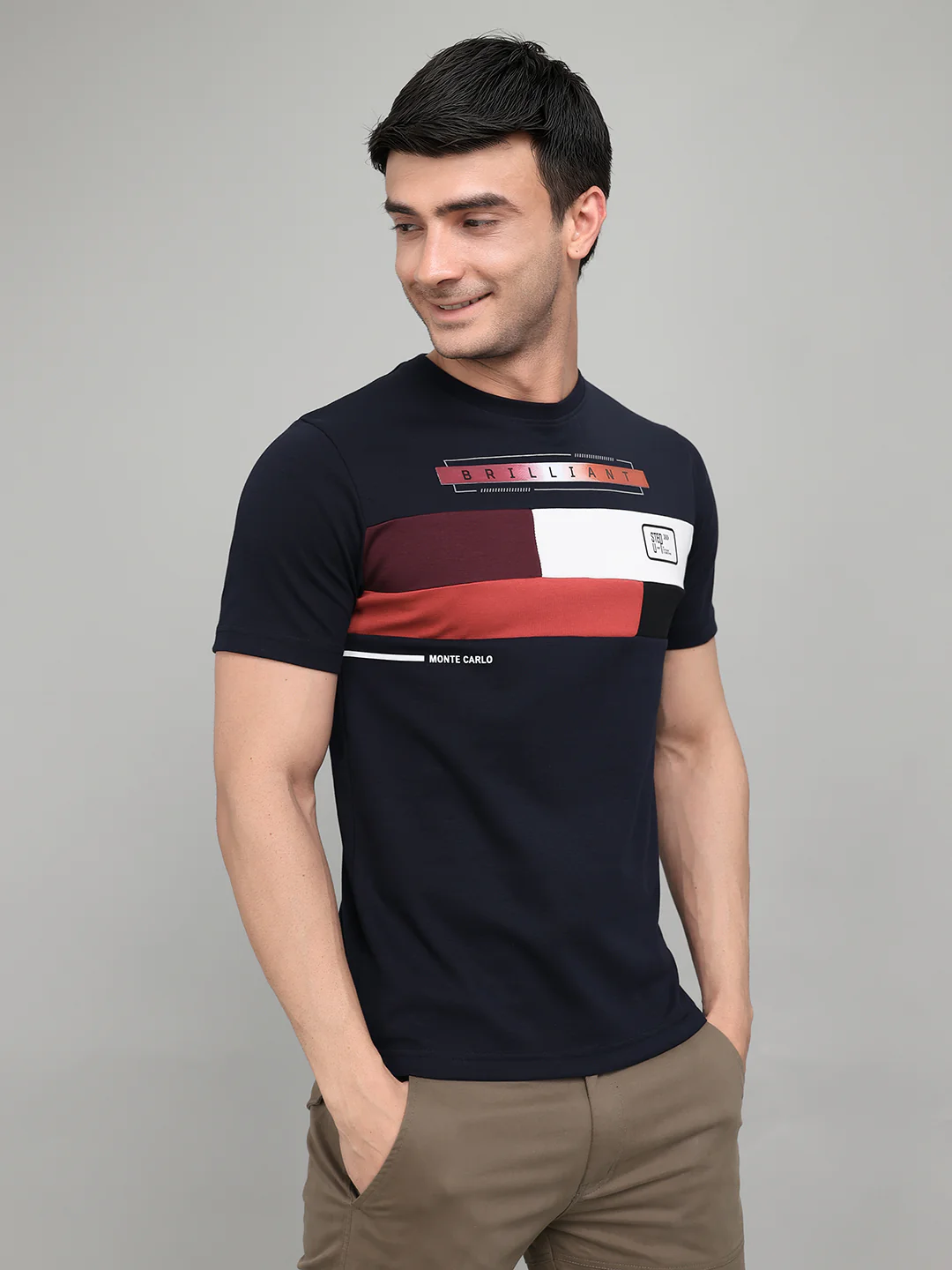 Men Navy Blue Printed Round Neck Half Sleeve T-Shirt - Image 3