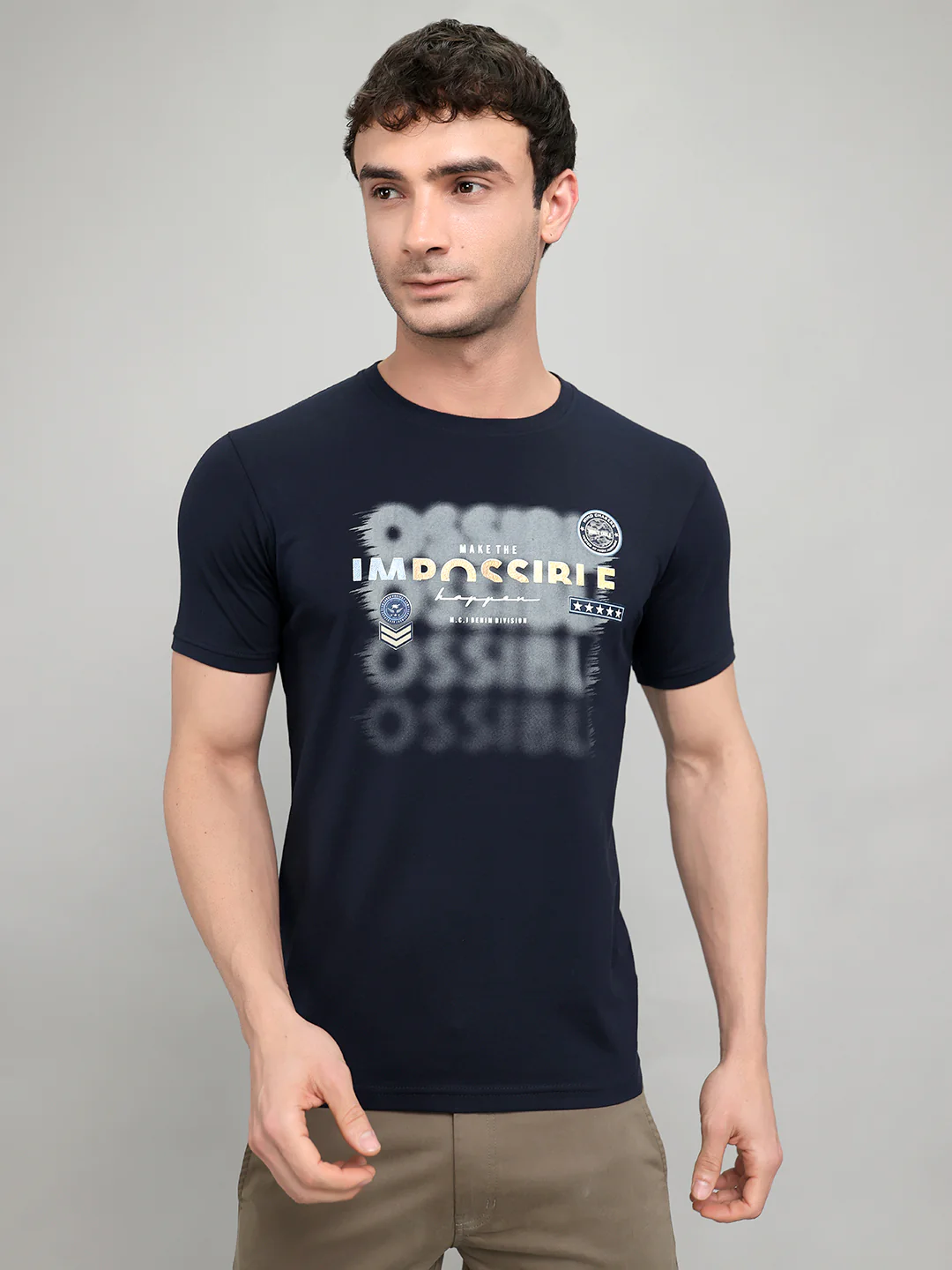 Men Navy Blue Printed Round Neck Half Sleeve T-Shirt