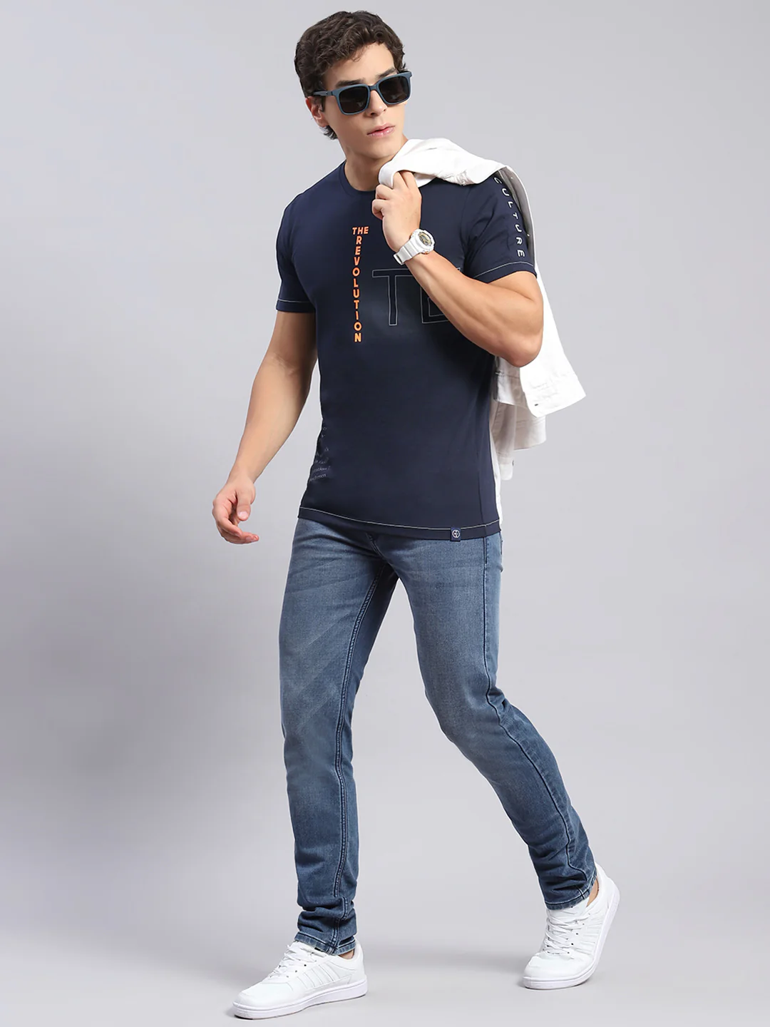 Men Navy Blue Printed Round Neck Half Sleeve T-Shirts