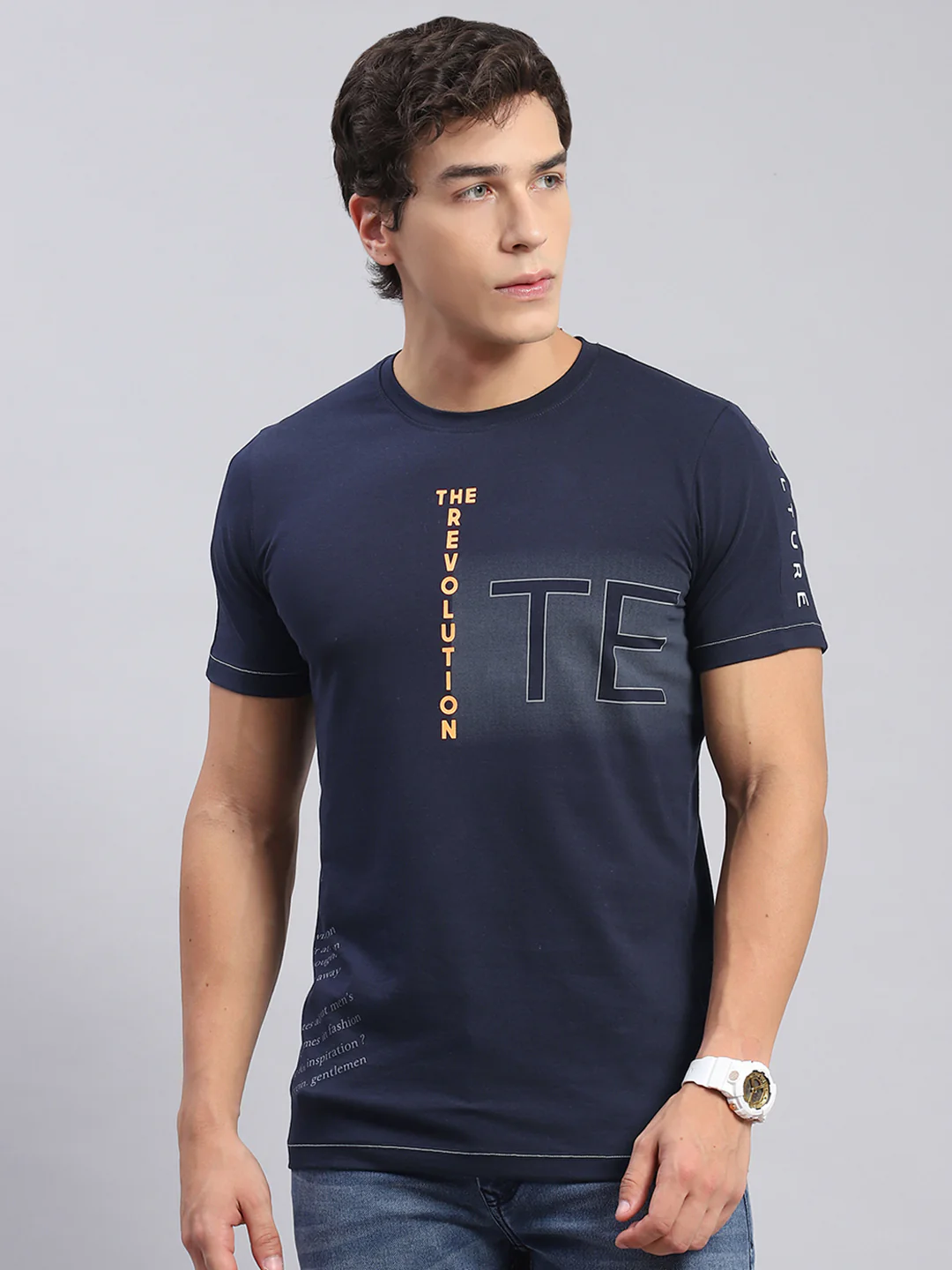 Men Navy Blue Printed Round Neck Half Sleeve T-Shirts - Image 2