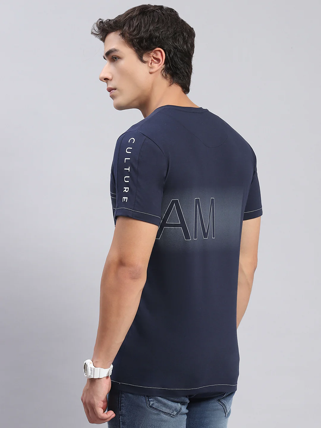 Men Navy Blue Printed Round Neck Half Sleeve T-Shirts - Image 5