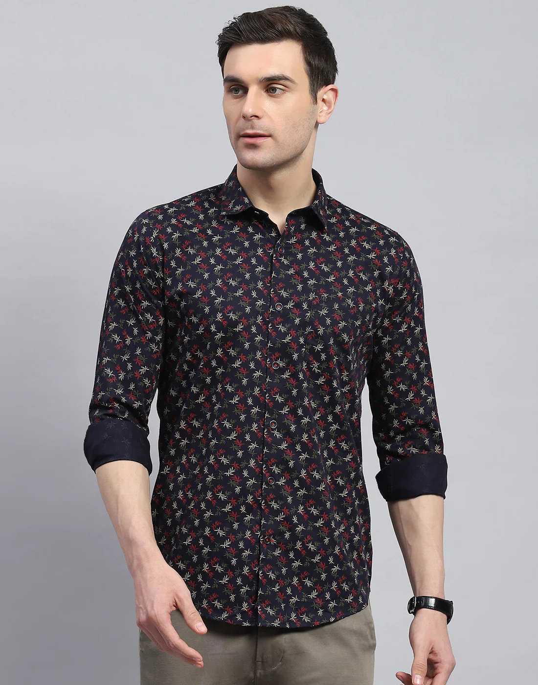 Men Navy Blue Printed Spread Collar Full Sleeve Shirt - Image 3