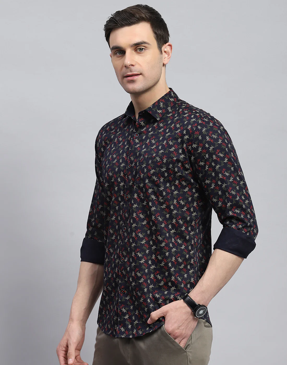 Men Navy Blue Printed Spread Collar Full Sleeve Shirt - Image 4