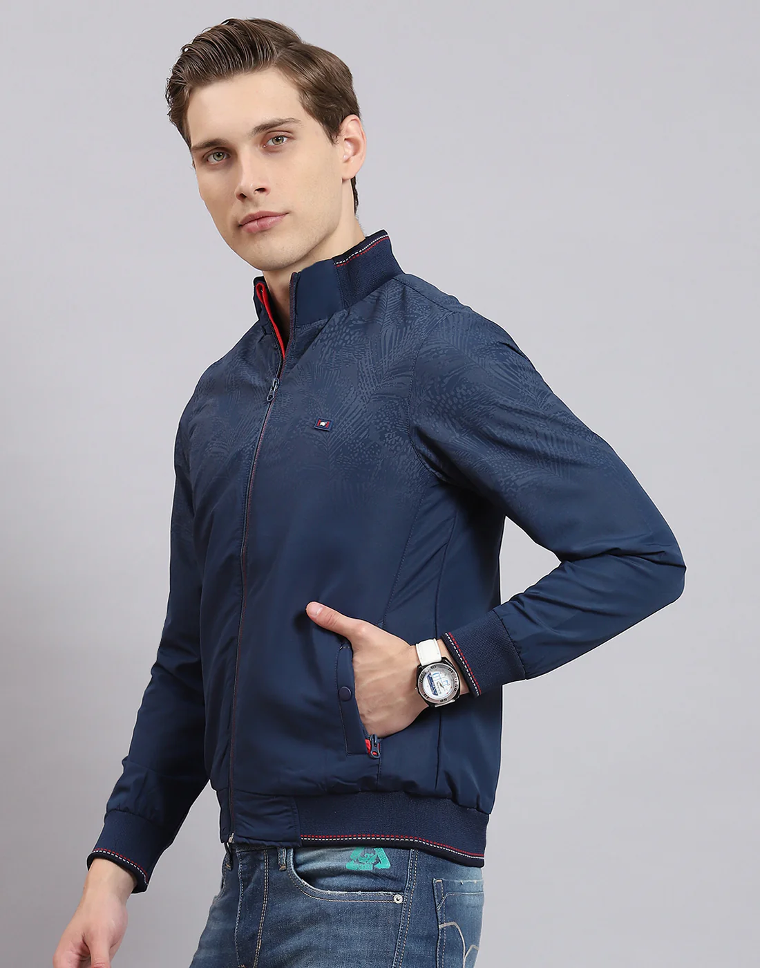 Men Navy Blue Printed Stand Collar Full Sleeve Jacket - Image 3