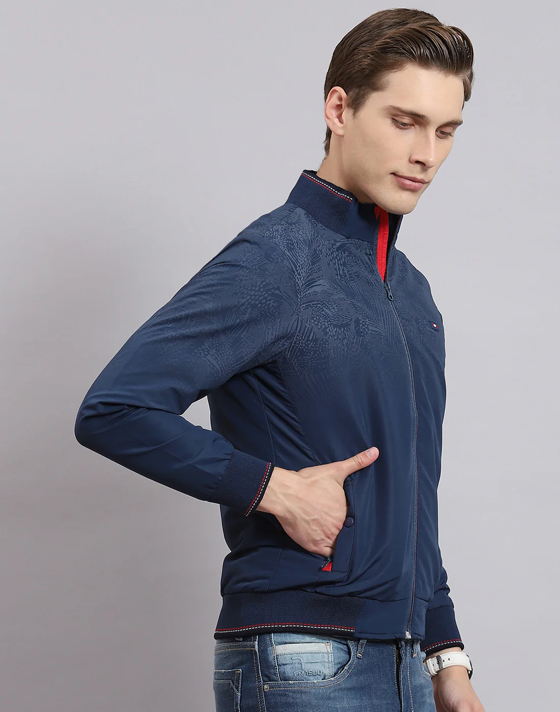 Men Navy Blue Printed Stand Collar Full Sleeve Jacket - Image 4
