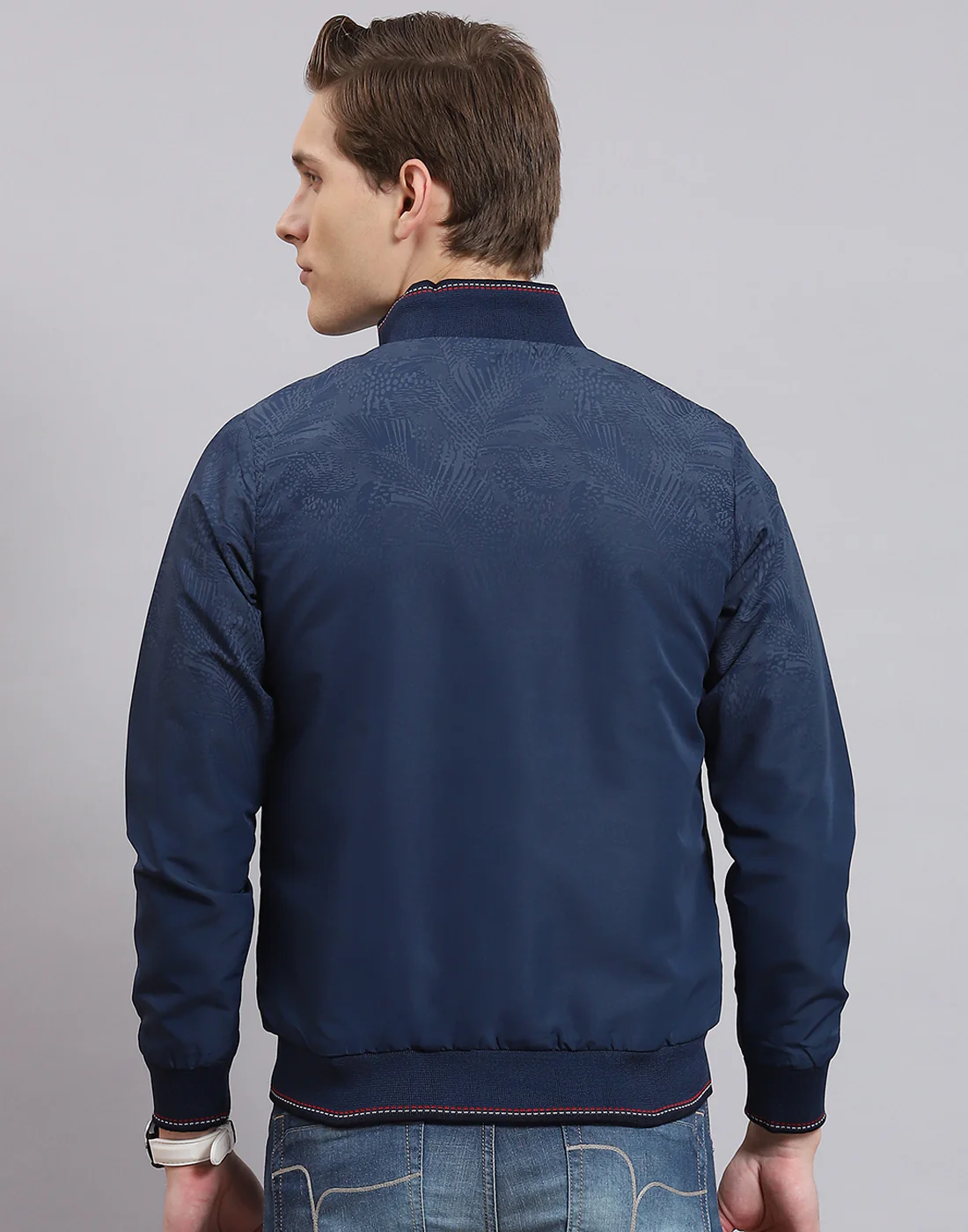 Men Navy Blue Printed Stand Collar Full Sleeve Jacket - Image 6
