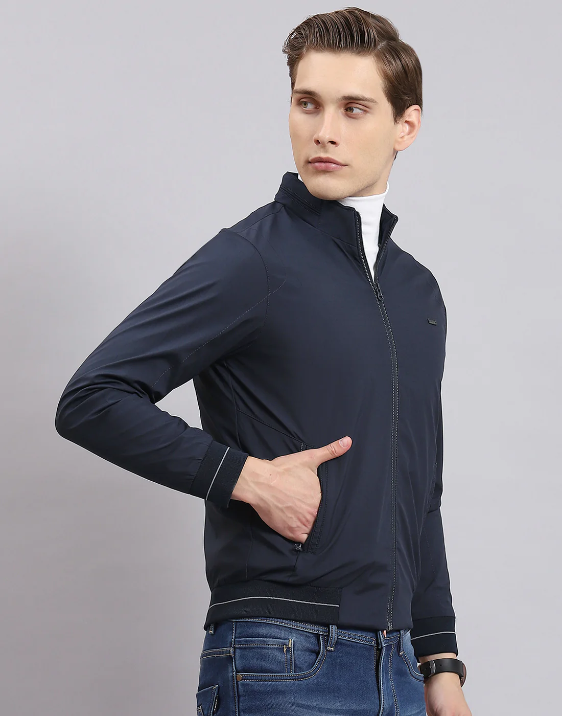 Men Navy Blue Printed Stand Collar Full Sleeve Jacket - Image 4