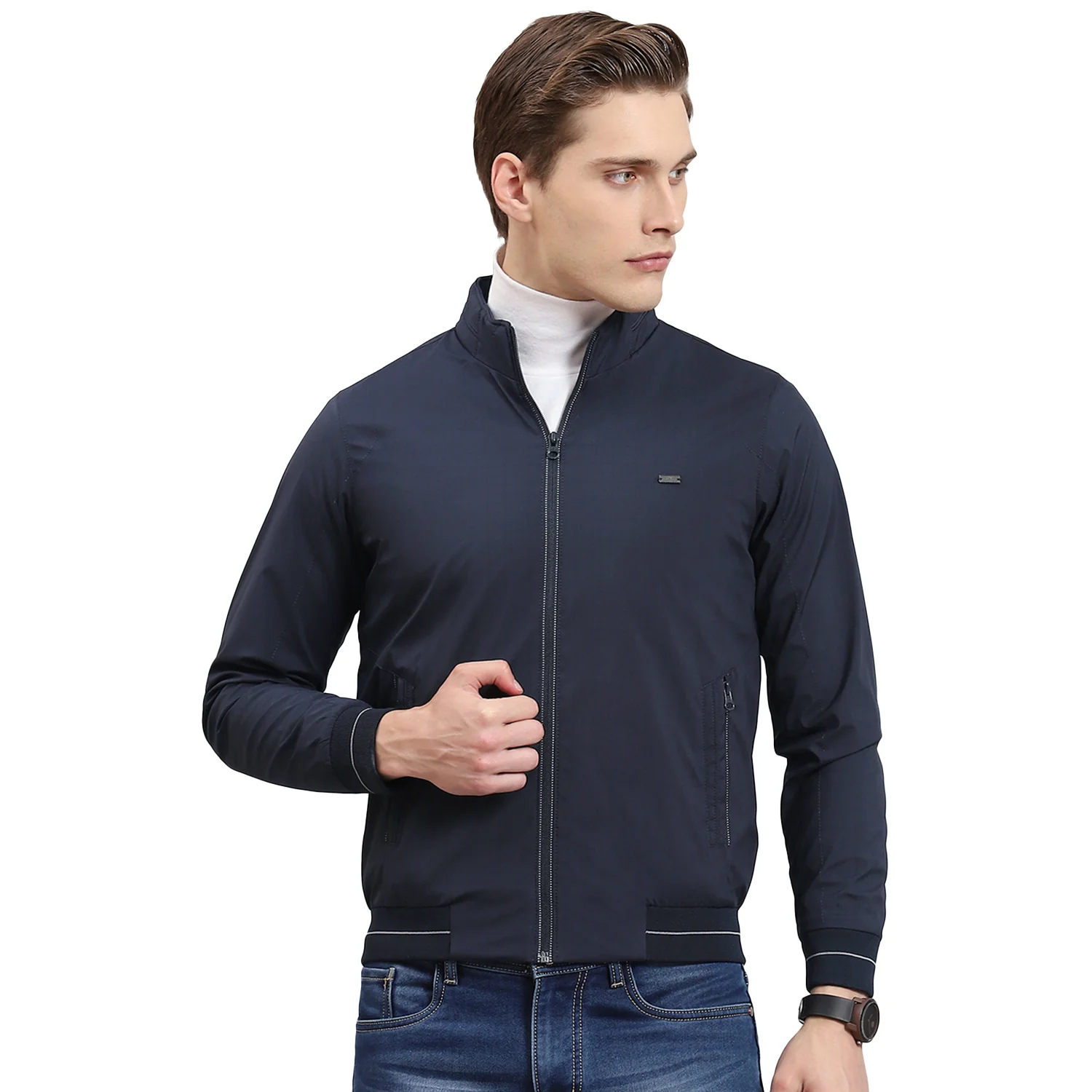 Men Navy Blue Printed Stand Collar Full Sleeve Jacket - Image 5
