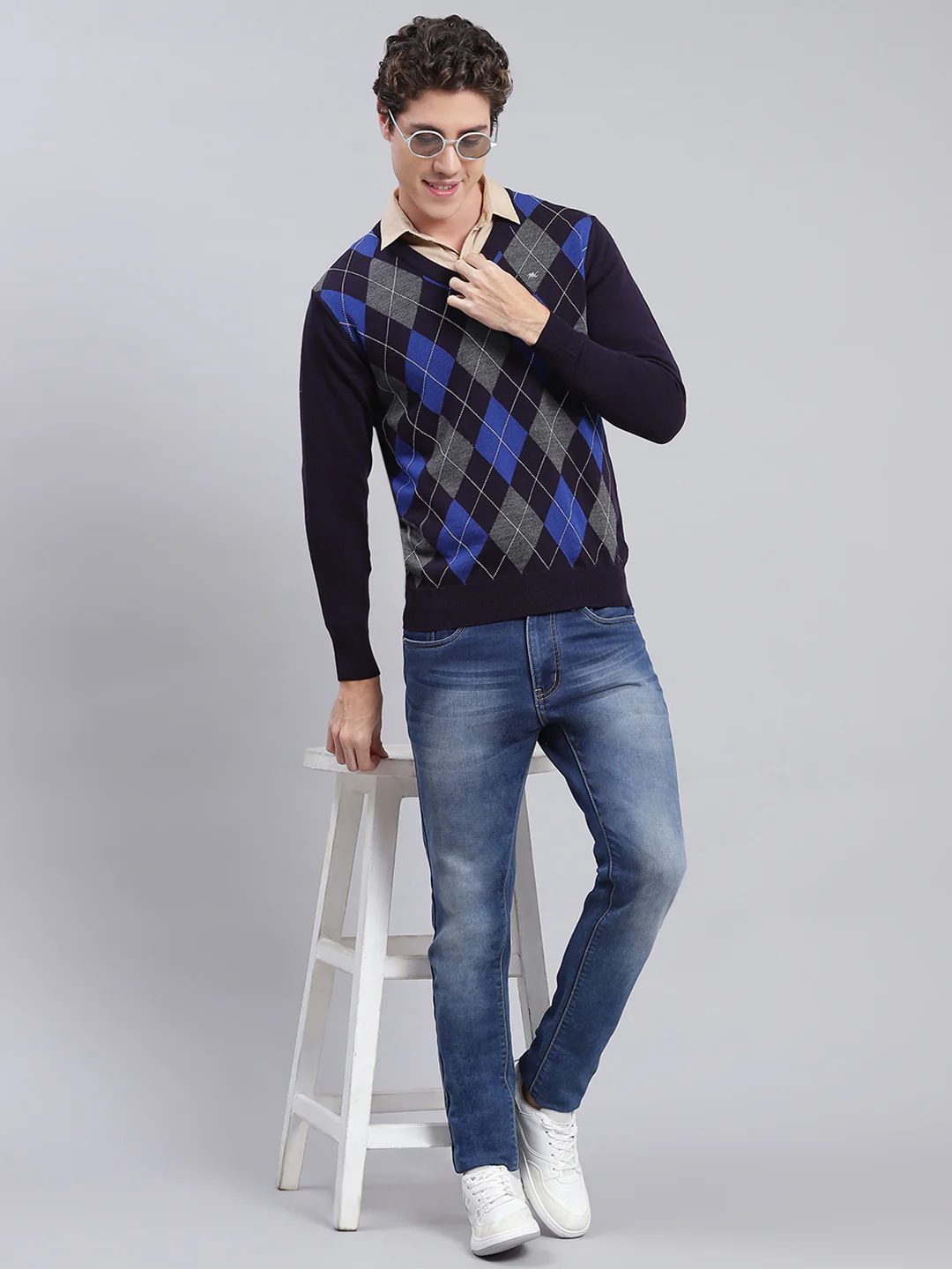 Men Navy Blue Printed Wool blend Pullover - Image 5