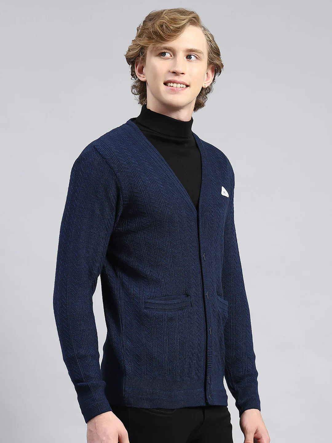 Men Navy Blue Self Cardigan - Image 3