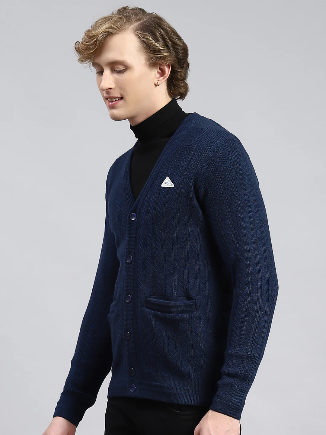 Men Navy Blue Self Cardigan - Image 4