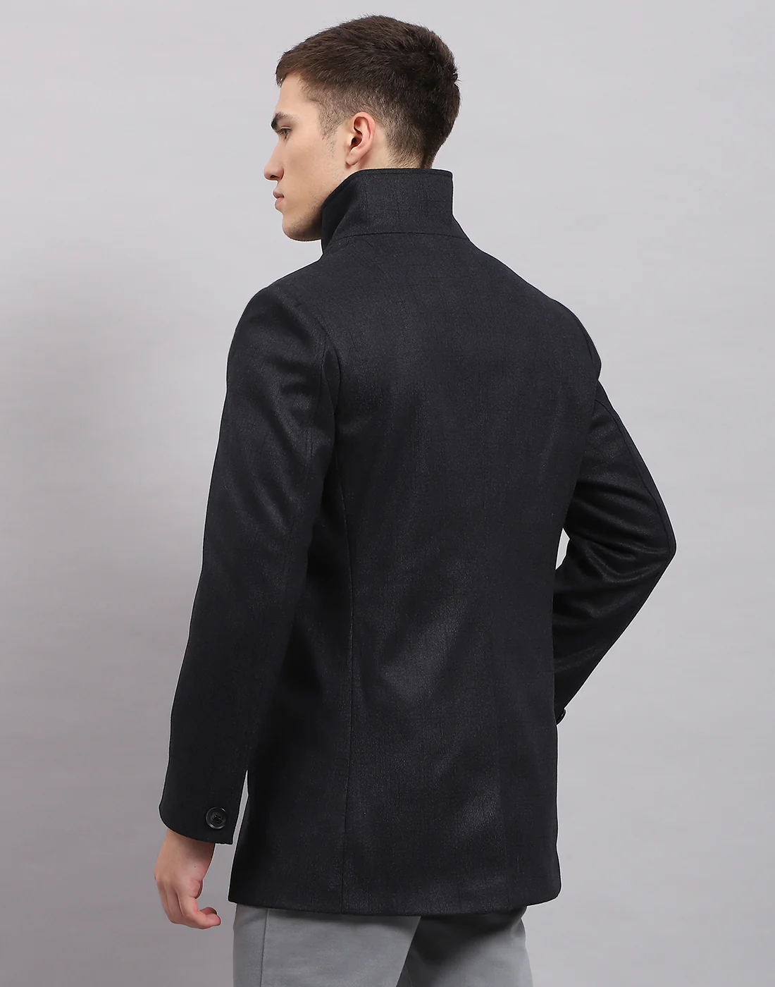 Men Navy Blue Self Design Band Collar Full Sleeve Coat - Image 5