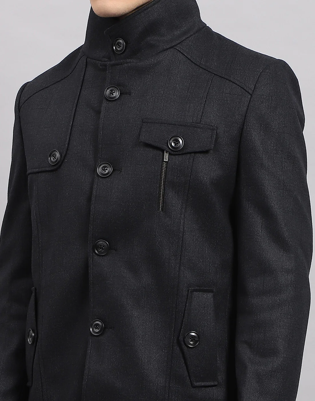 Men Navy Blue Self Design Band Collar Full Sleeve Coat - Image 6