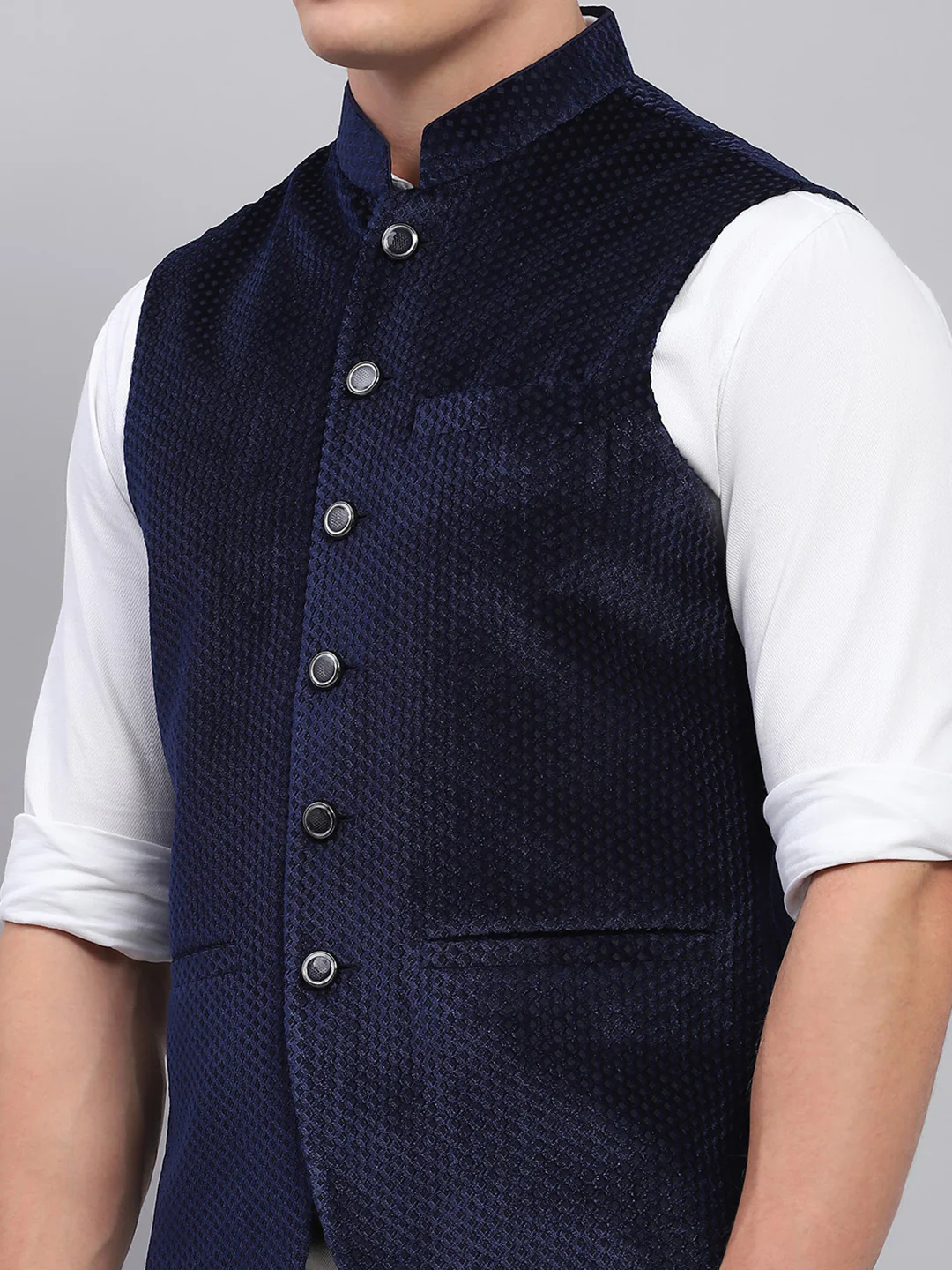 Men Navy Blue Self Design Band Collar Sleeveless Coat - Image 7