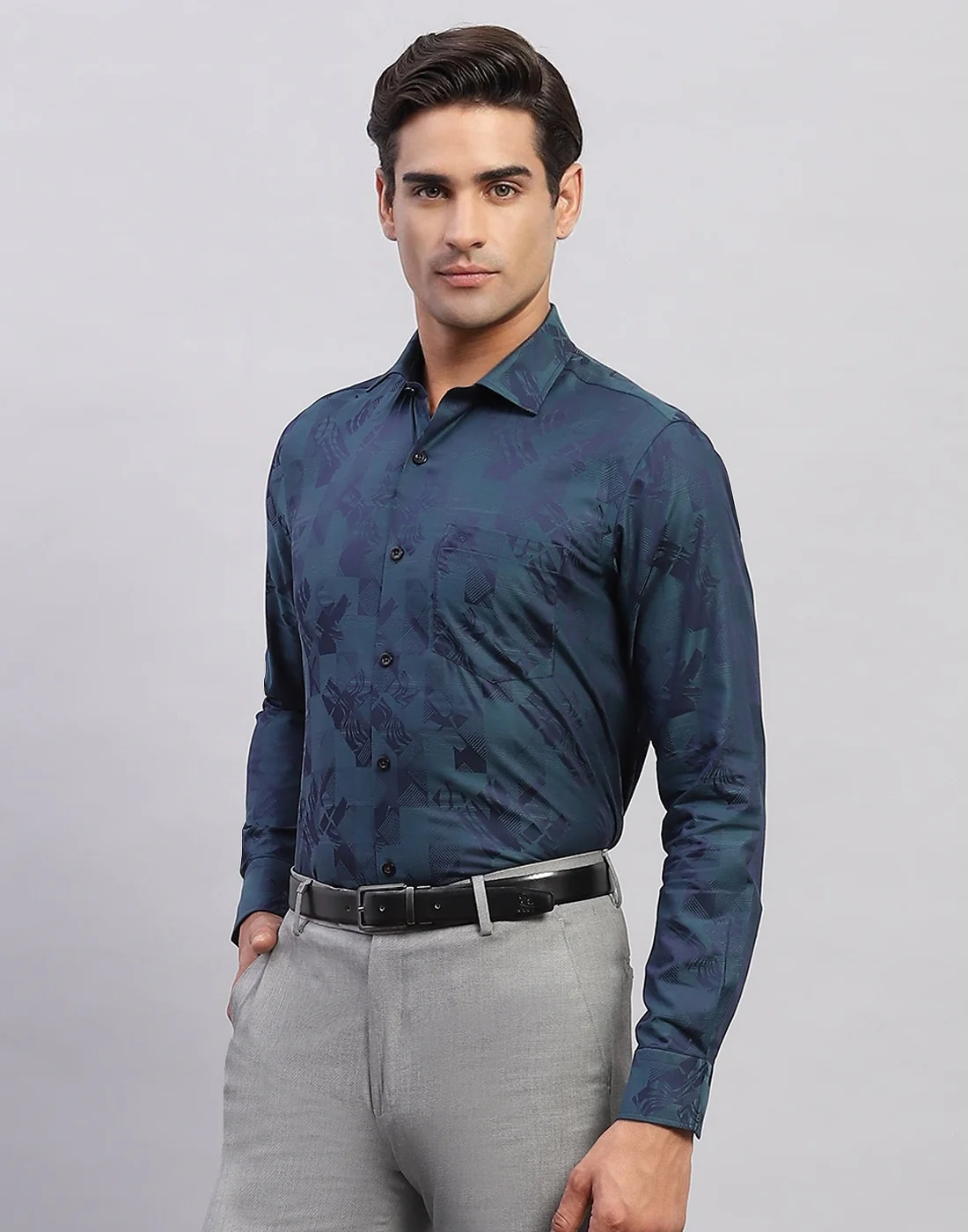 Men Navy Blue Self Design Collar Full Sleeve Shirt - Image 3