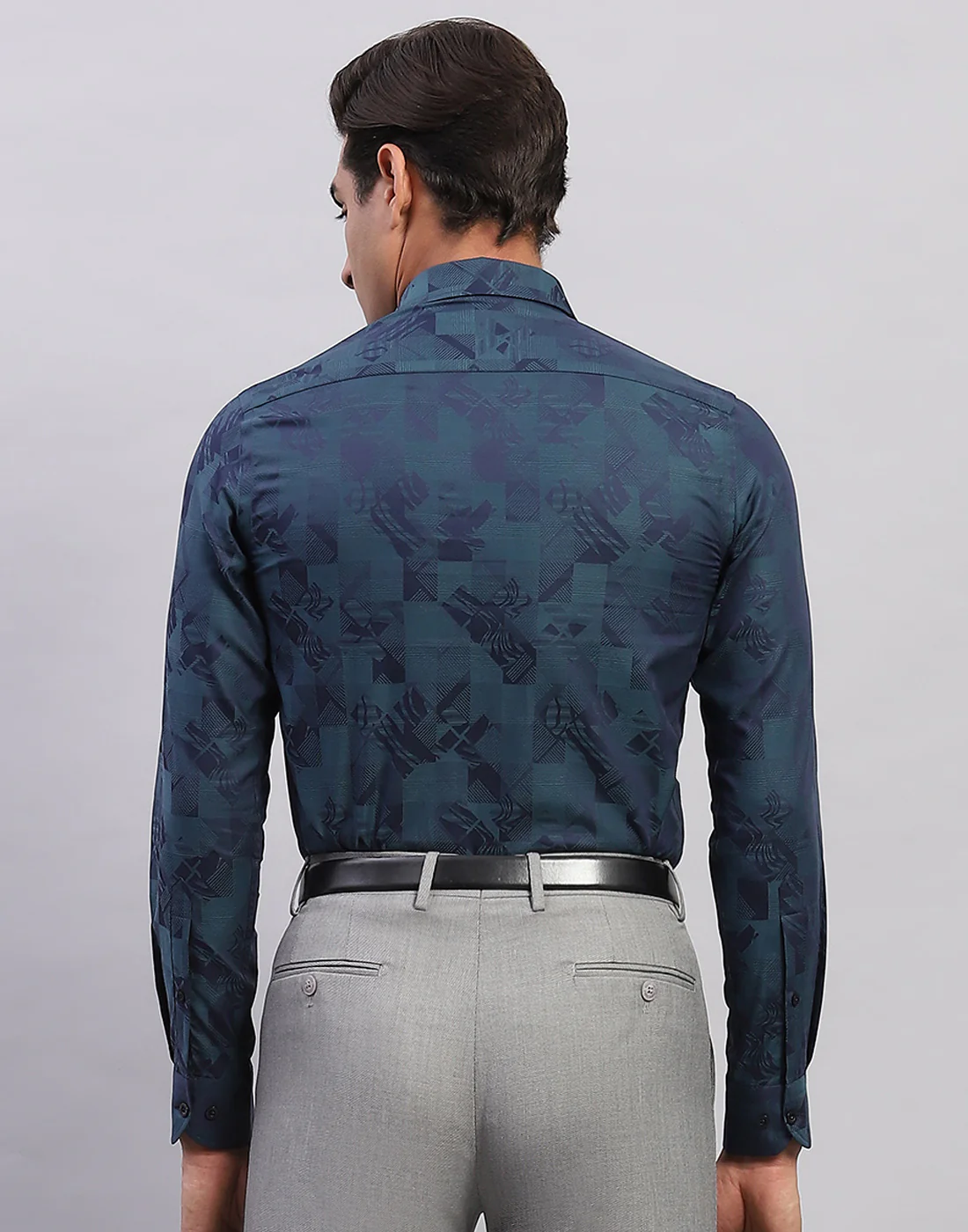 Men Navy Blue Self Design Collar Full Sleeve Shirt - Image 5