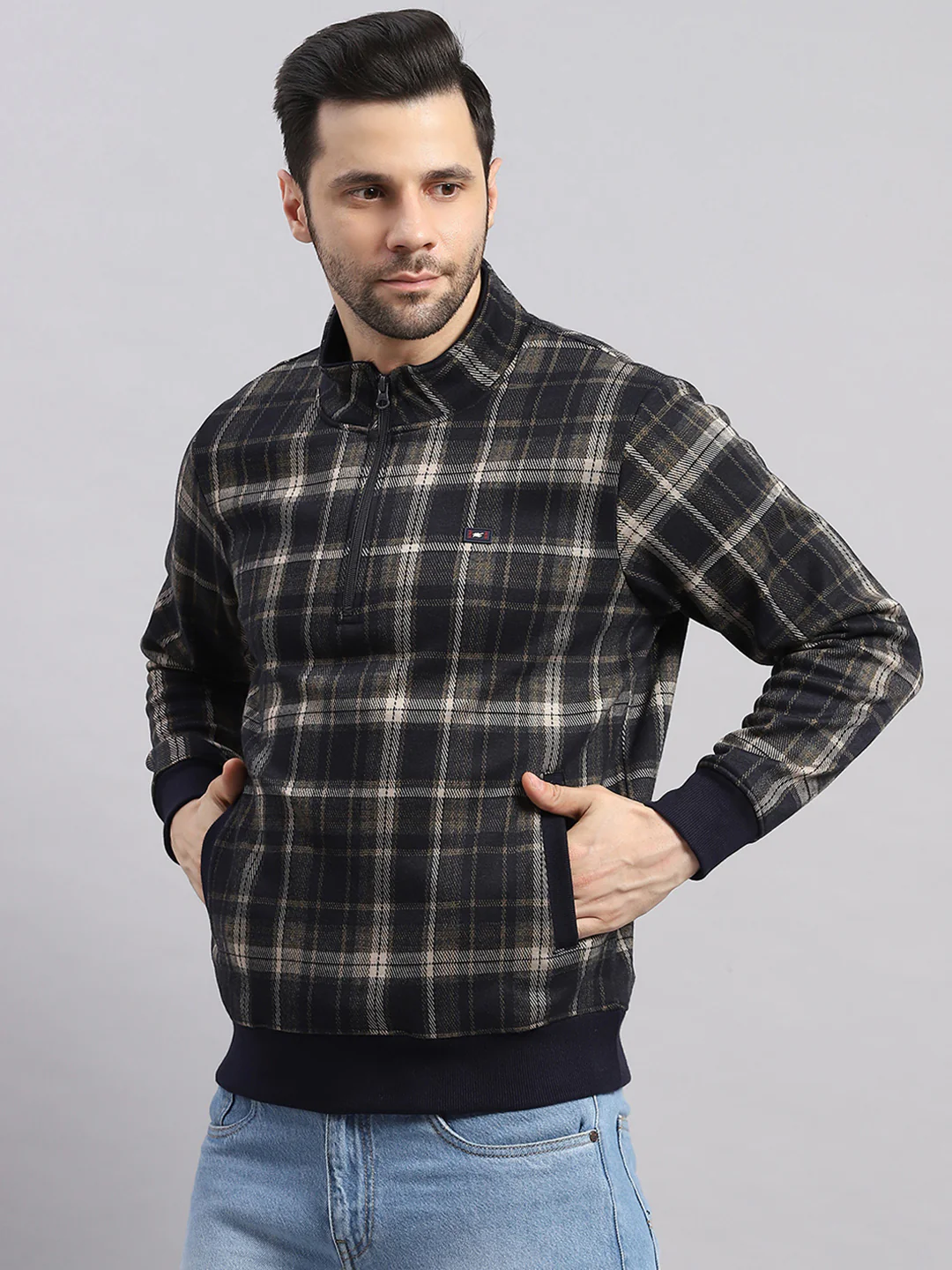 Men Navy Blue Self Design Collar Full Sleeve Sweatshirt - Image 3