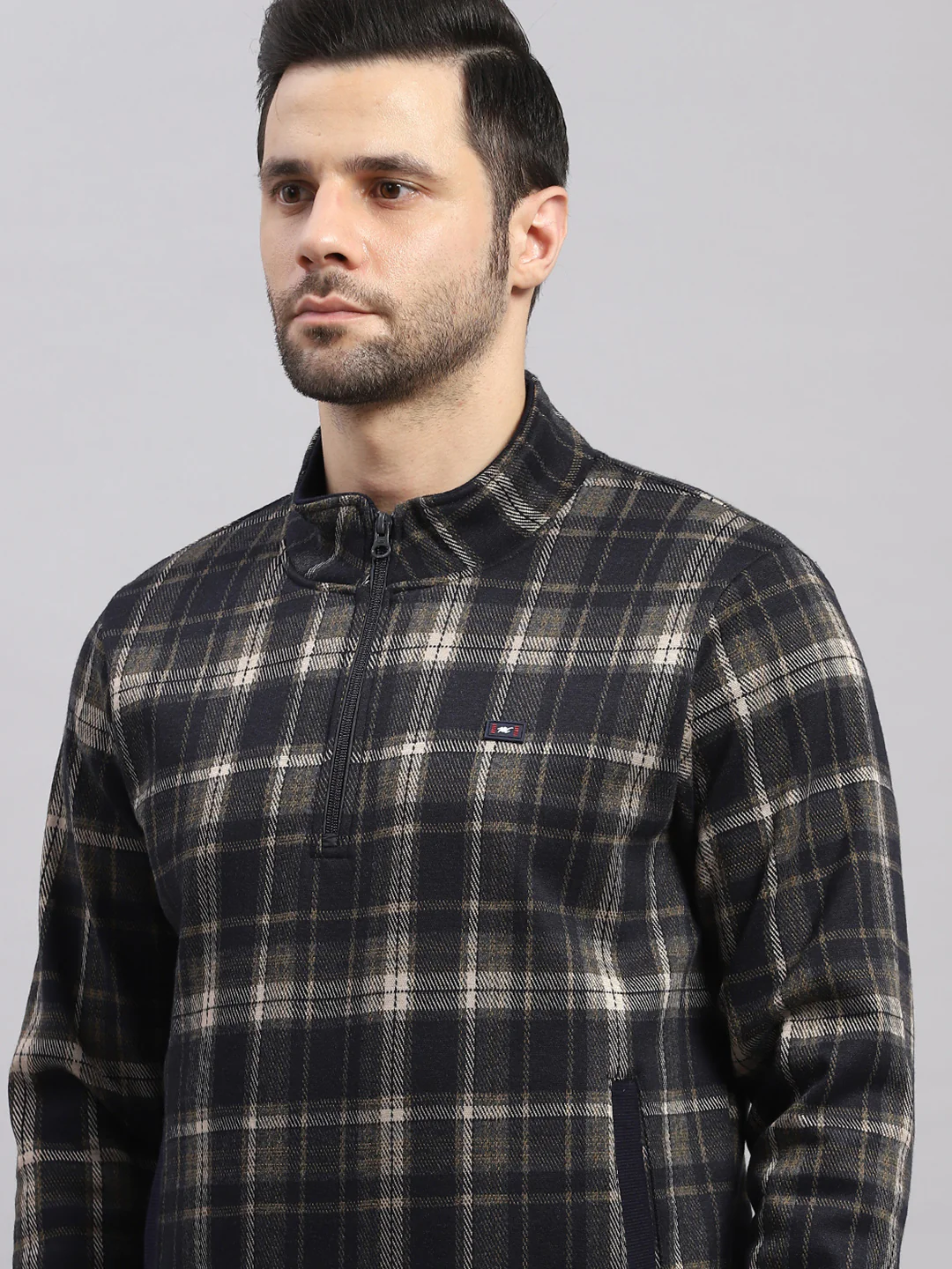 Men Navy Blue Self Design Collar Full Sleeve Sweatshirt - Image 6