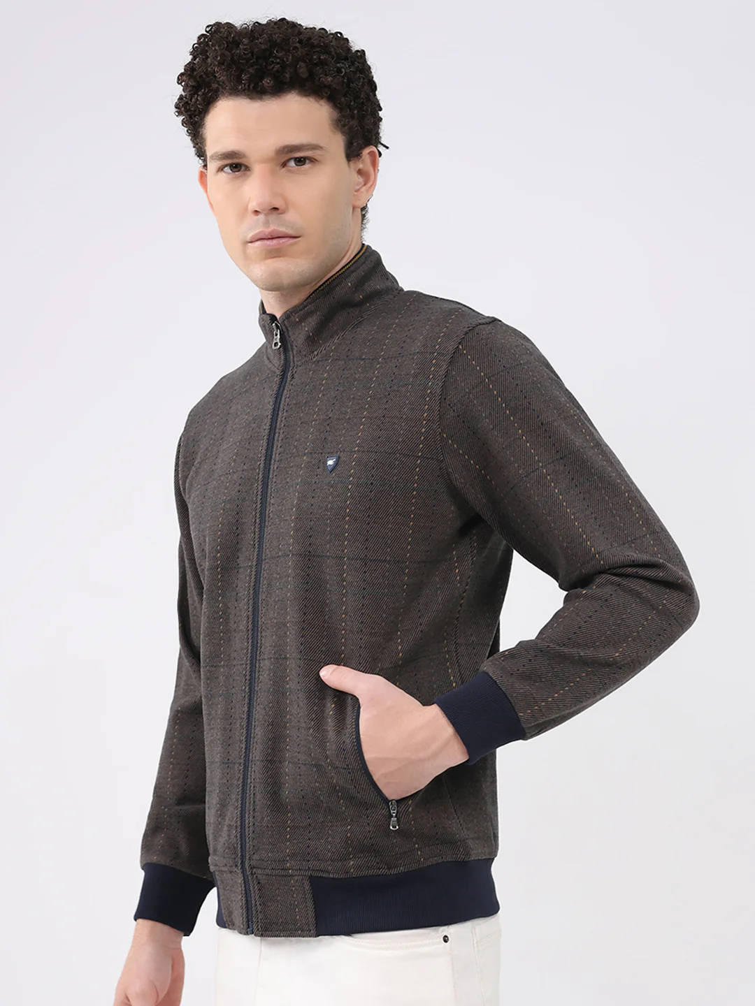 Men Navy Blue Self Design Collar Full Sleeve Sweatshirt - Image 3