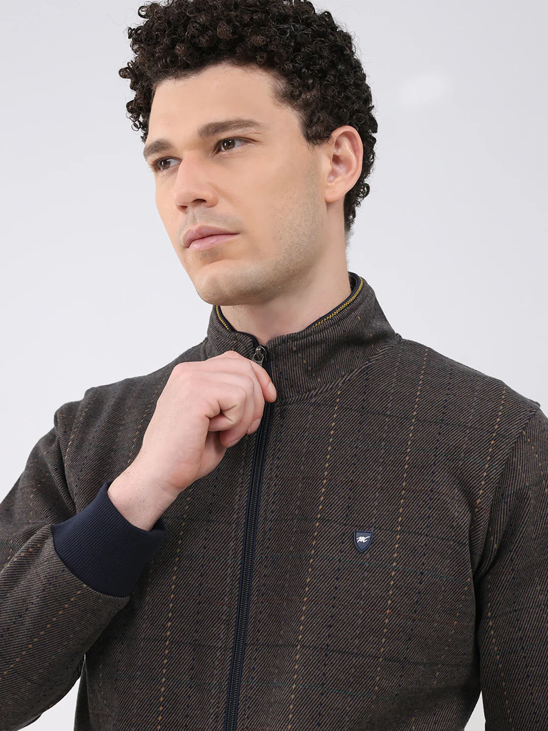 Men Navy Blue Self Design Collar Full Sleeve Sweatshirt - Image 6