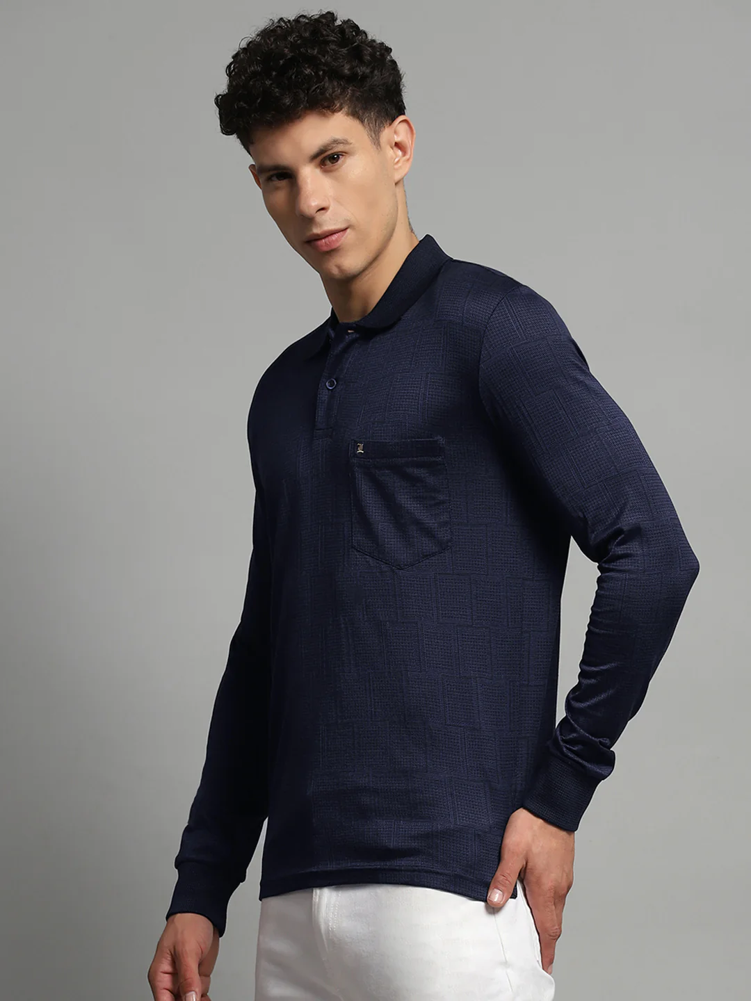 Luxuria Men Navy Blue Self Design Collar Full Sleeve Winter T-Shirt - Image 3