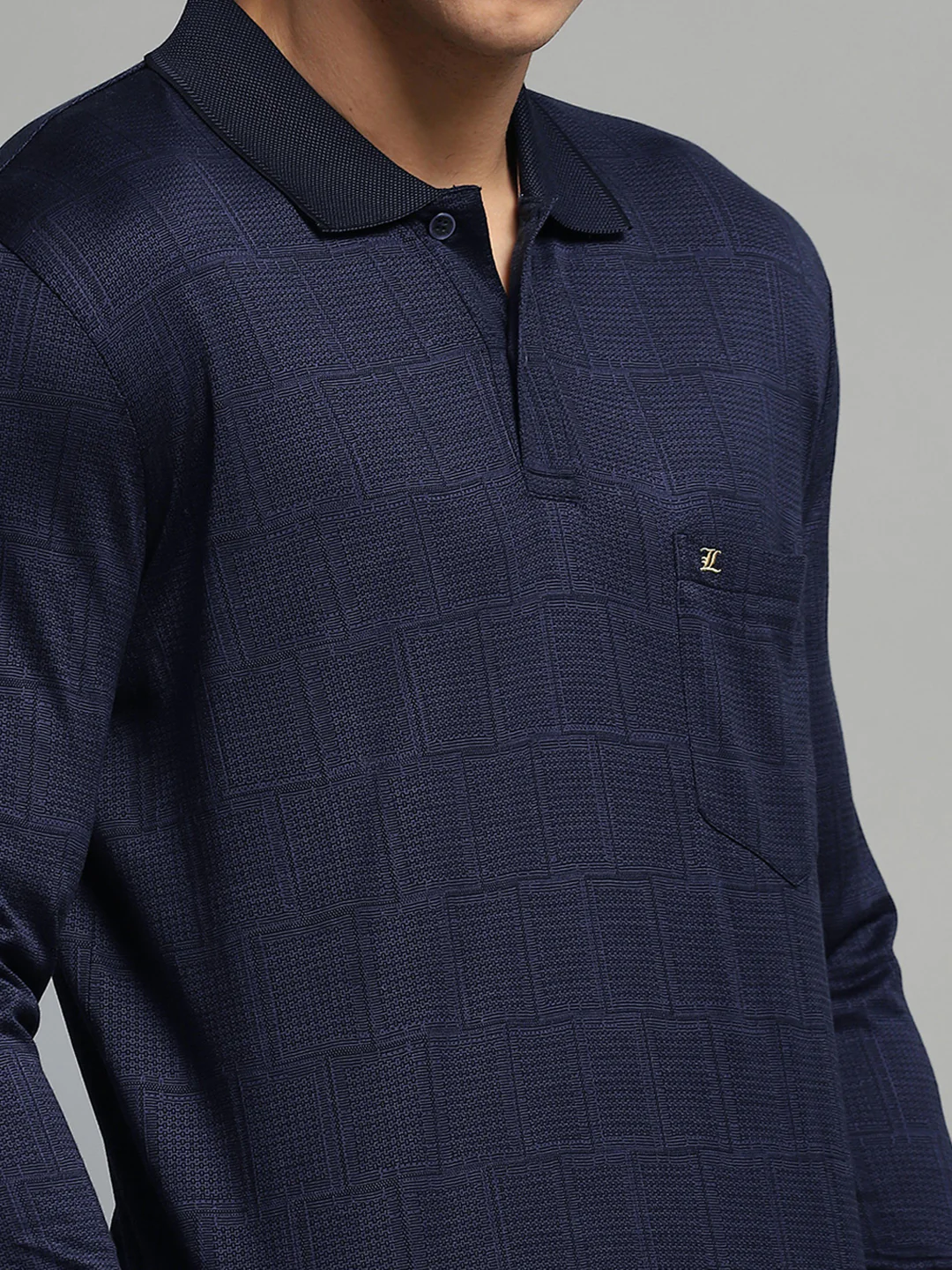 Luxuria Men Navy Blue Self Design Collar Full Sleeve Winter T-Shirt - Image 6