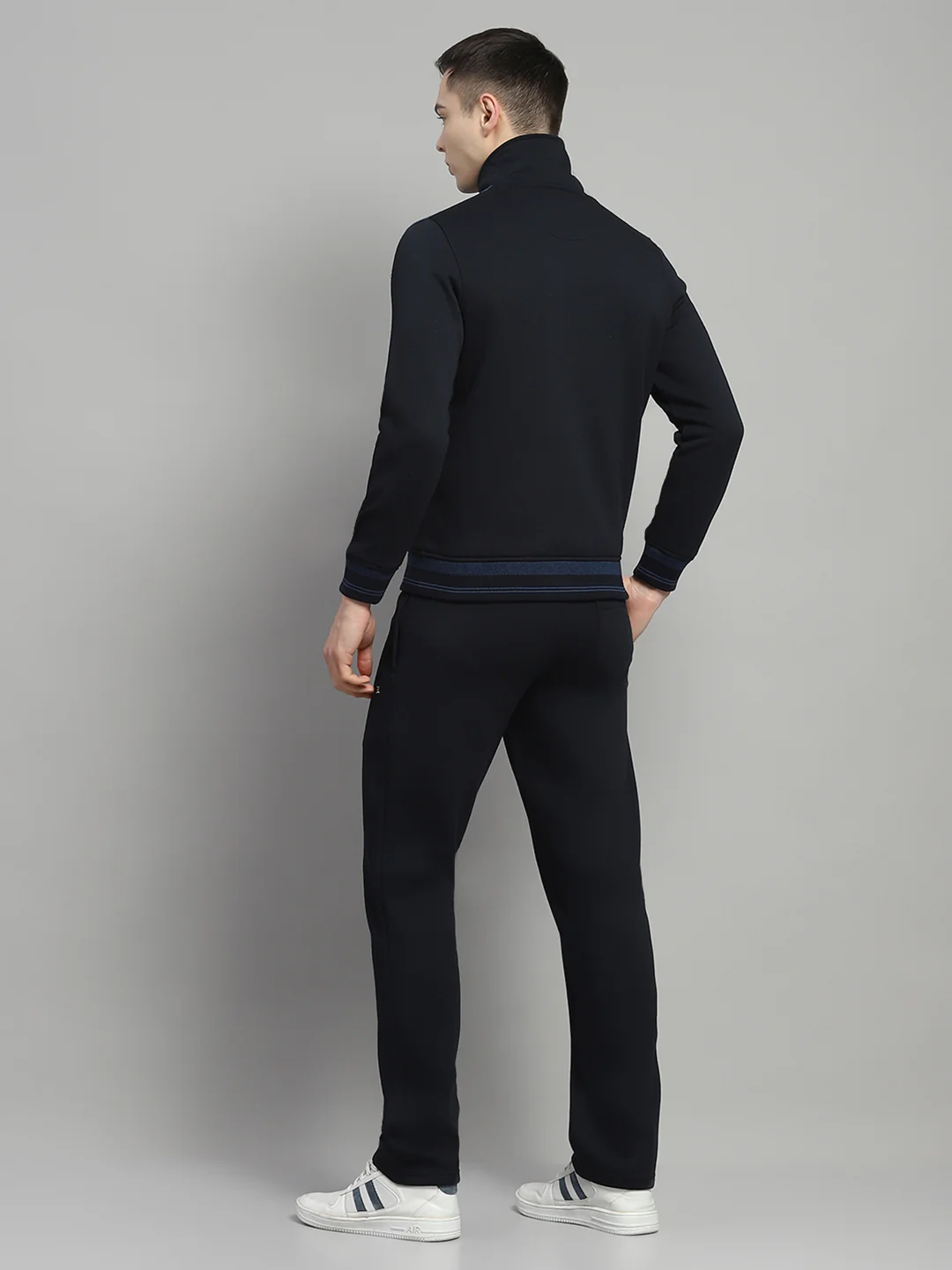 Men Navy Blue Self Design Collar Full Sleeve Winter Tracksuit - Image 5