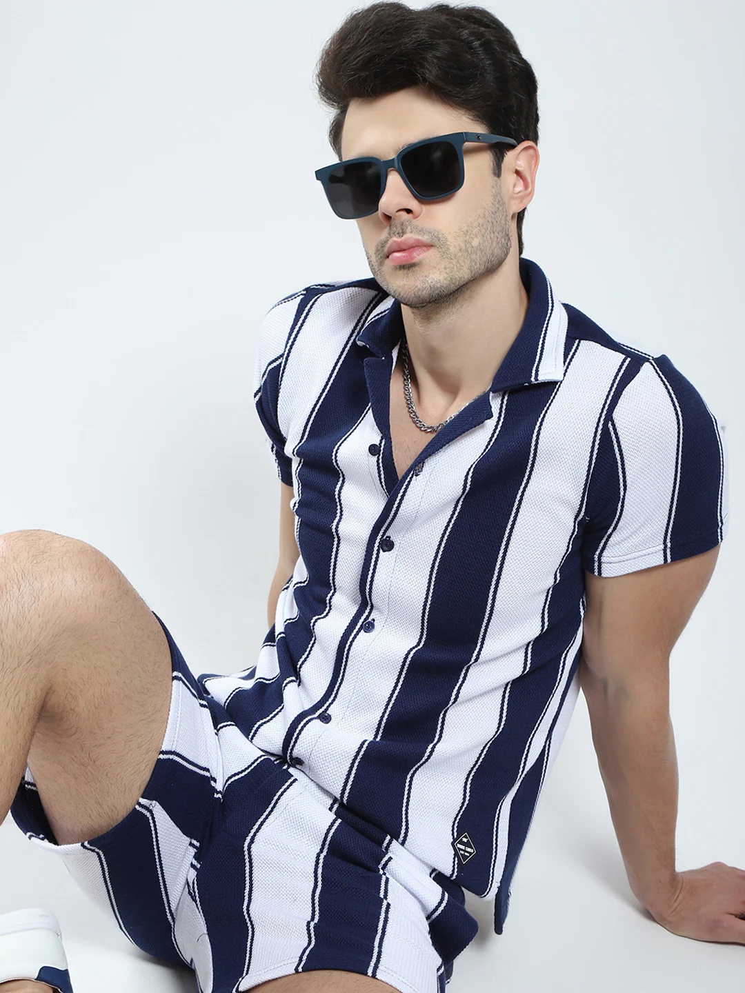 Men Navy Blue Self Design Collar Half Sleeve Bermuda Set - Image 6