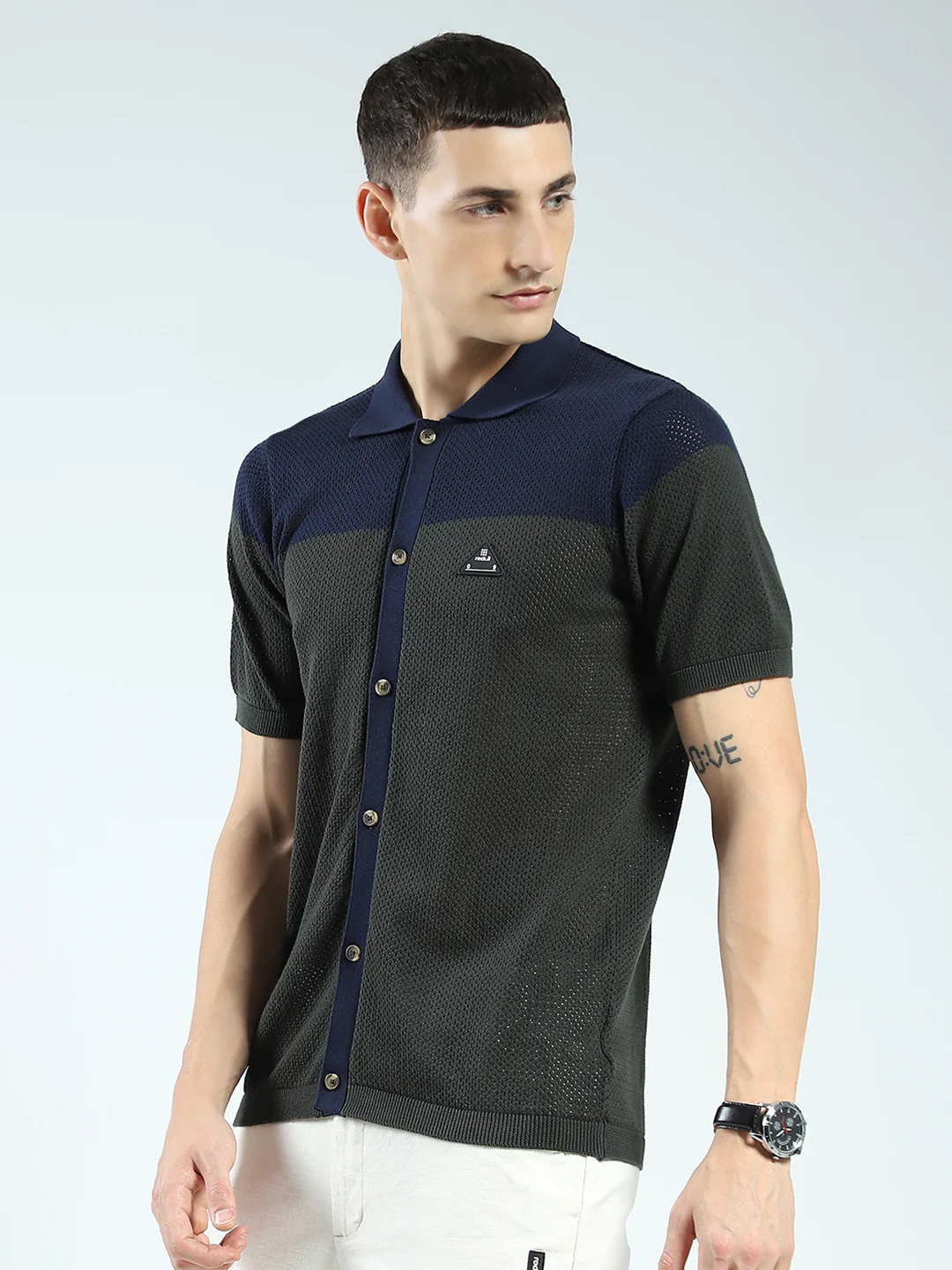 Rock.it Men Navy Blue Self Design Collar Half Sleeve Shirt - Image 3
