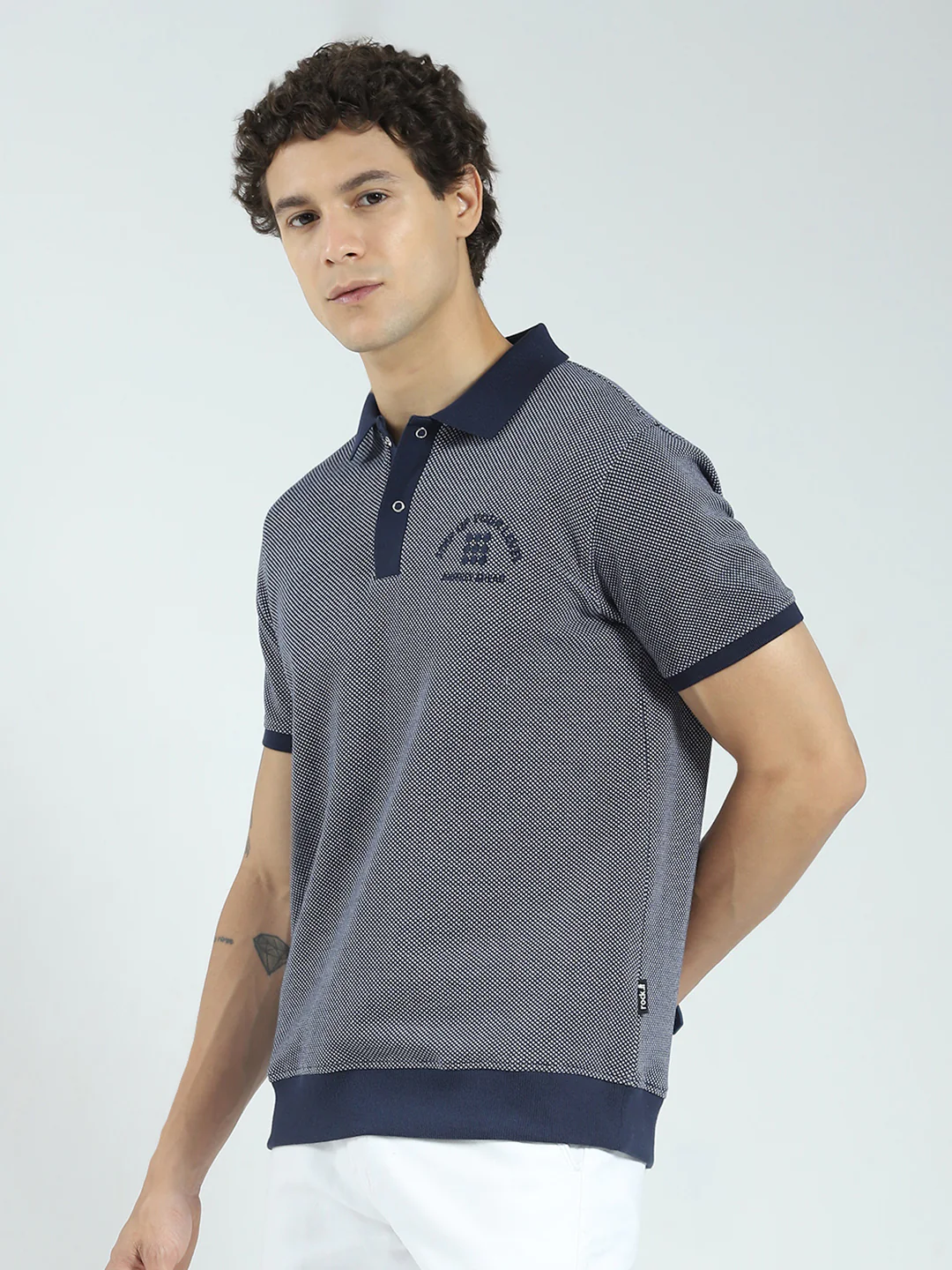 Rock.it Men Navy Blue Self Design Collar Half Sleeve T-Shirt - Image 3