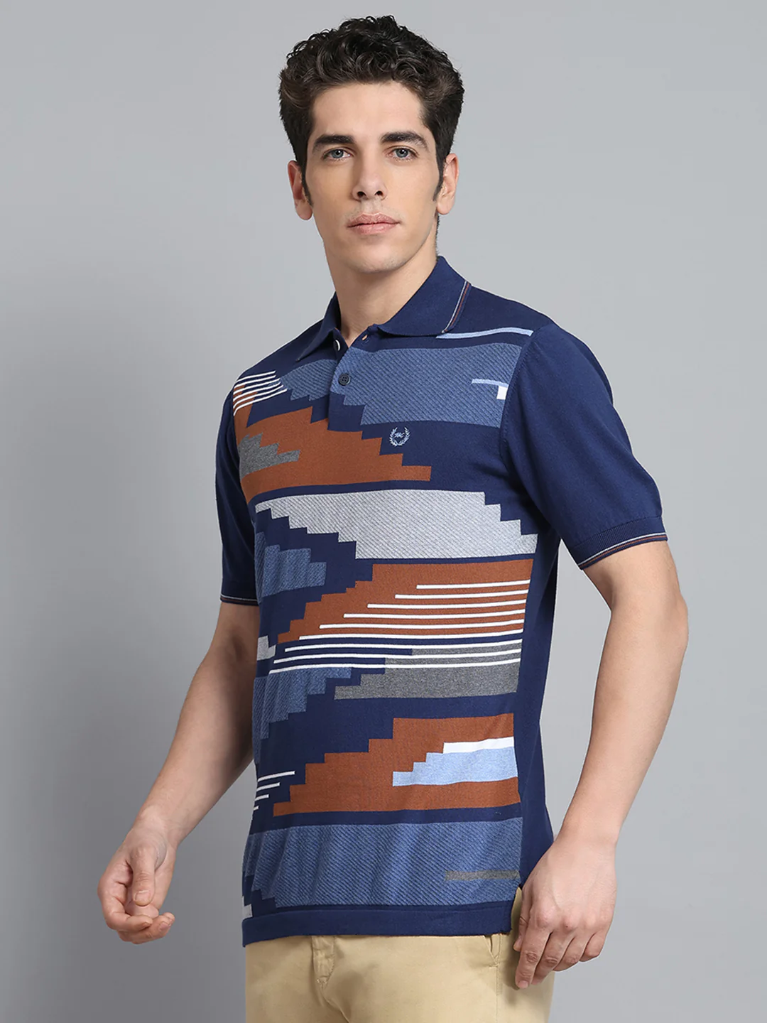 Men Navy Blue Self Design Collar Half Sleeve T-Shirt - Image 3