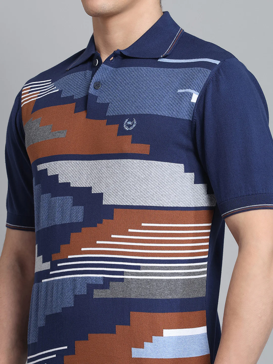 Men Navy Blue Self Design Collar Half Sleeve T-Shirt - Image 7