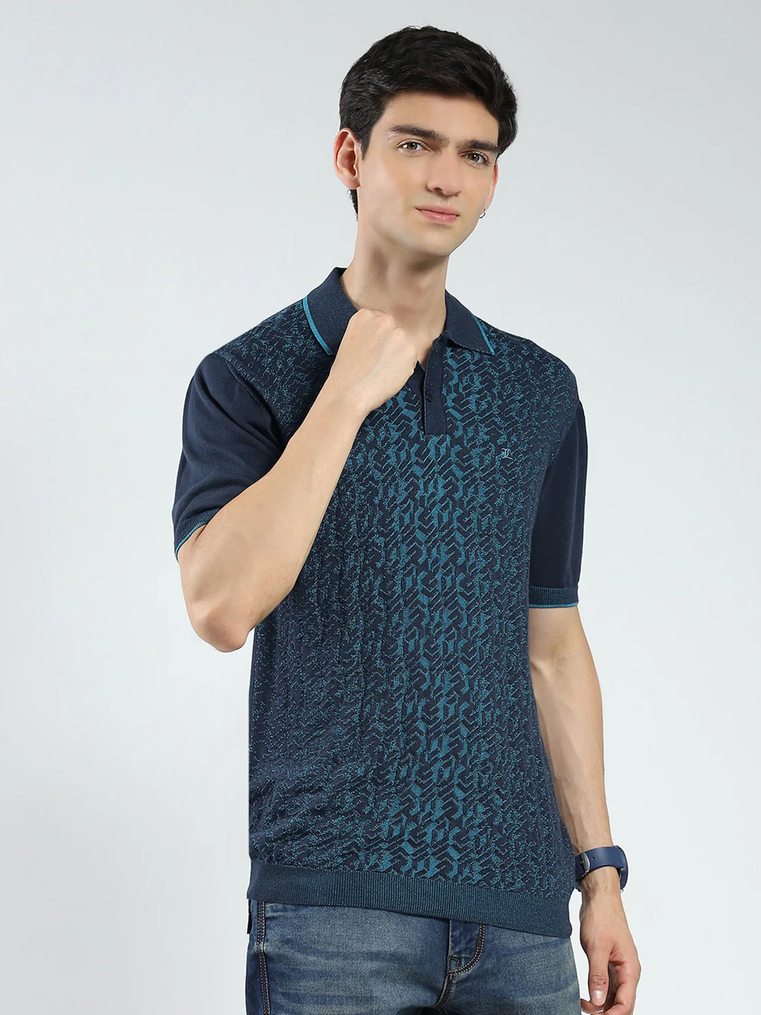 Men Navy Blue Self Design Collar Half Sleeve T-Shirt - Image 4