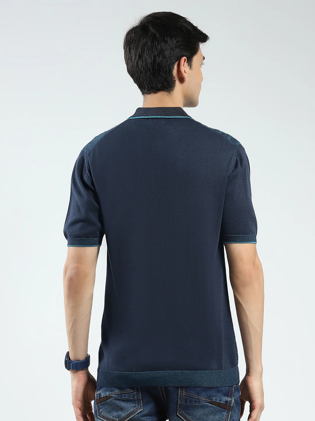 Men Navy Blue Self Design Collar Half Sleeve T-Shirt - Image 5