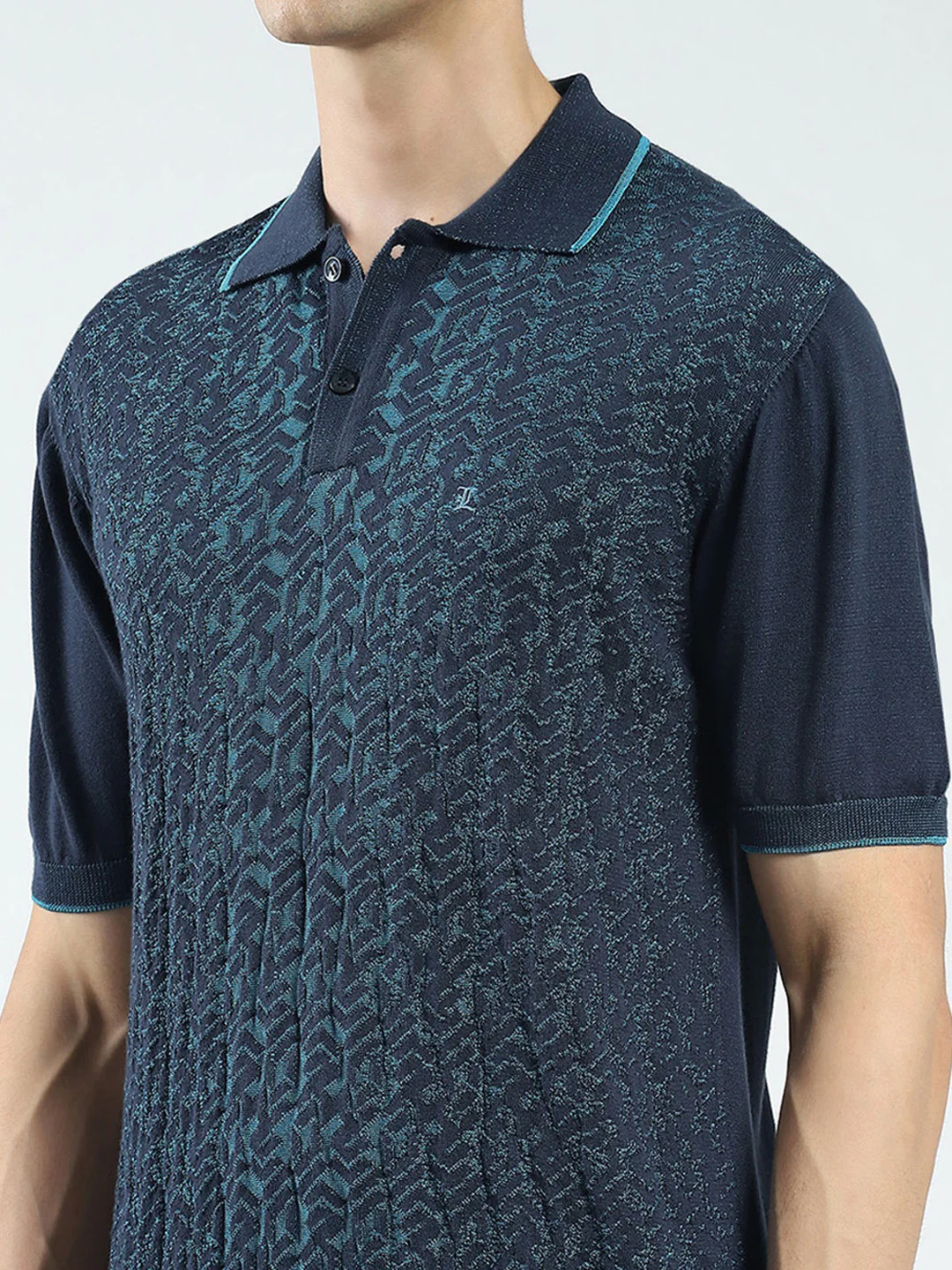 Men Navy Blue Self Design Collar Half Sleeve T-Shirt - Image 7