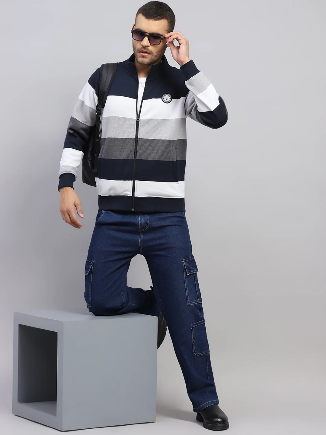 Men Navy Blue Self Design Hooded Full Sleeve Sweatshirt - Image 2